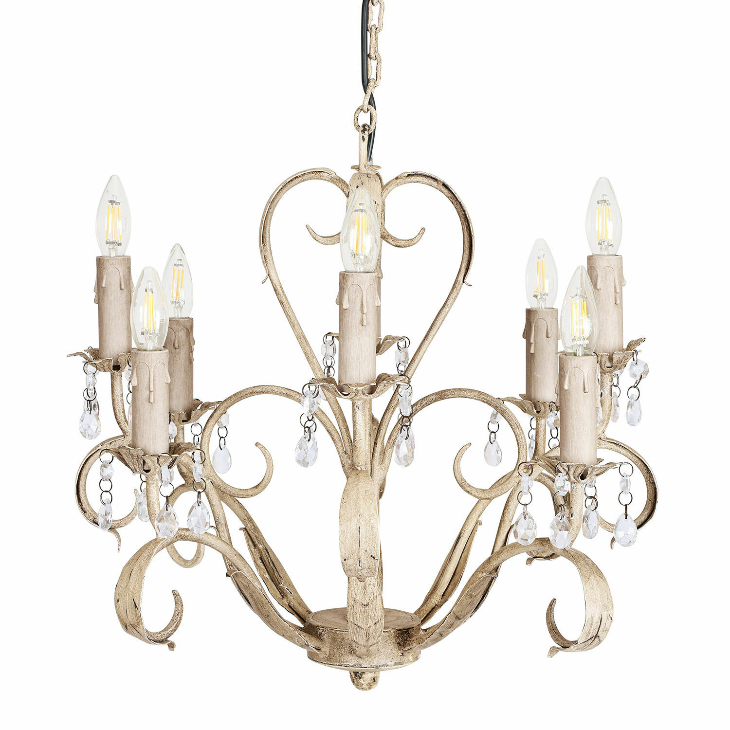 Klassischer Metall-Kronleuchter in Beige mit Kristallanhängern und sechs LED-Leuchtmitteln
