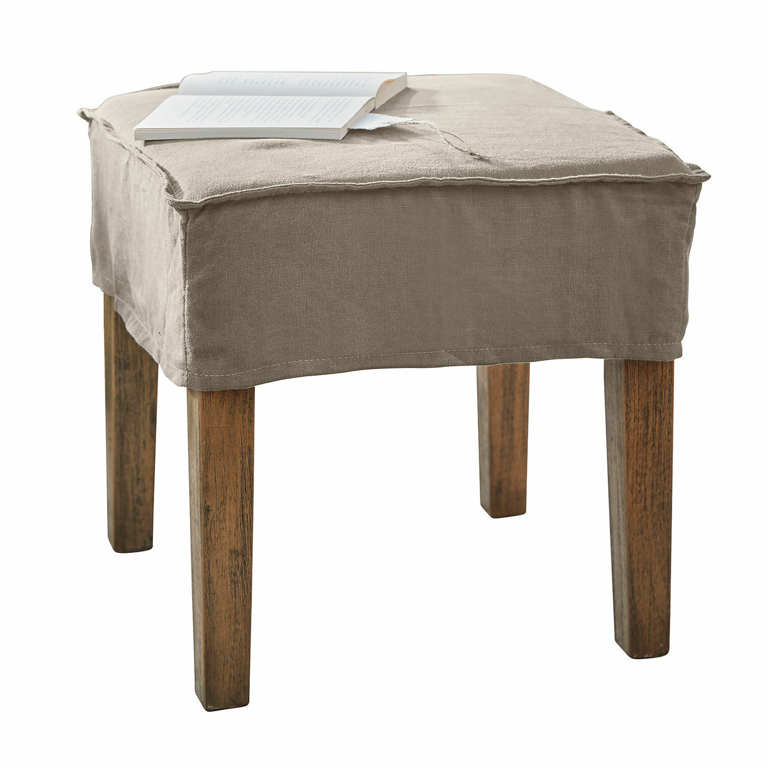 Hocker Vionnique Beiger Hocker mit Leinenbezug und Holzbeinen, vielseitiges Möbelstück für Wohnzimmer oder Schlafzimmer