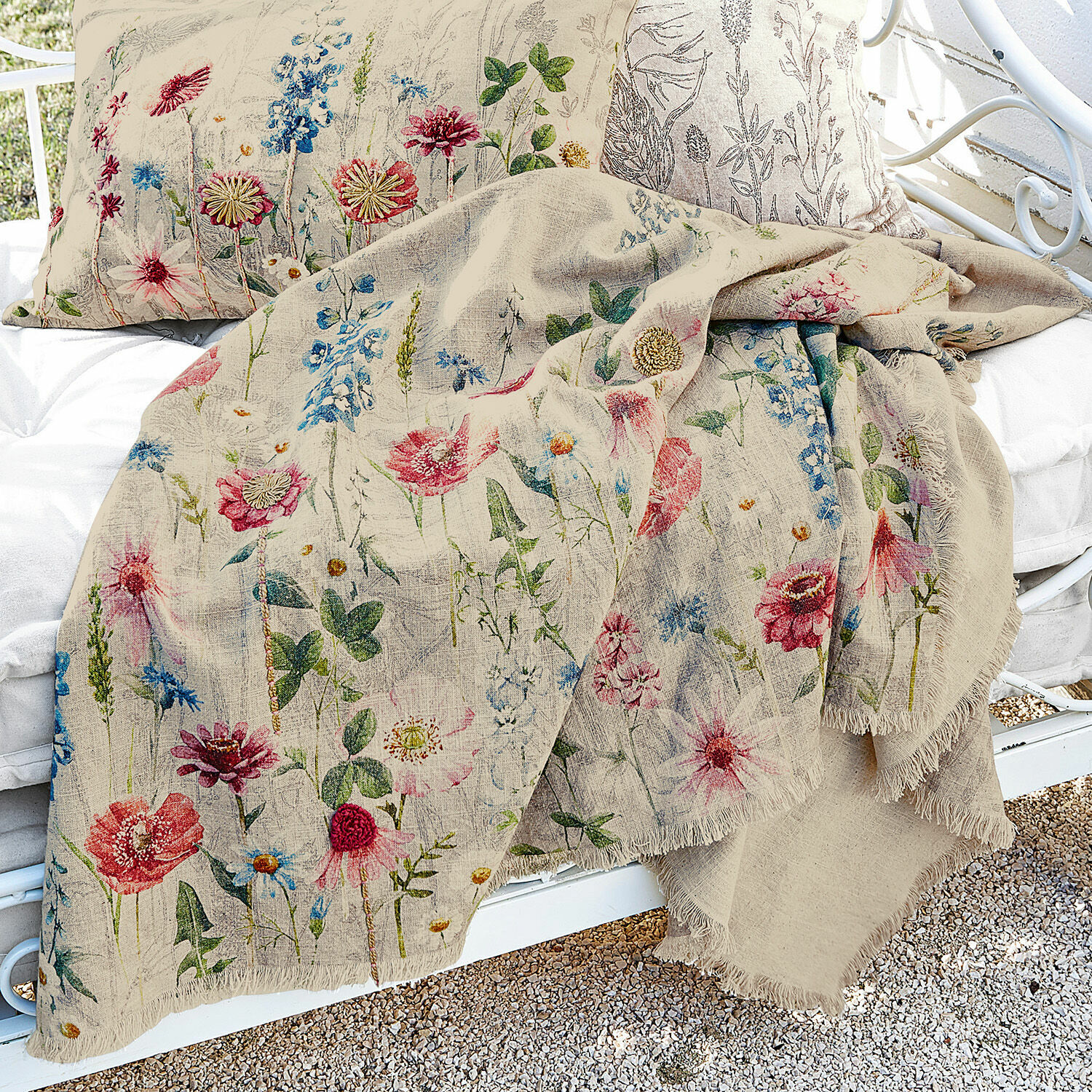 Beige Leinen-Decke mit buntem Blumenmuster, leicht und dekorativ für Wohnzimmer und Garten