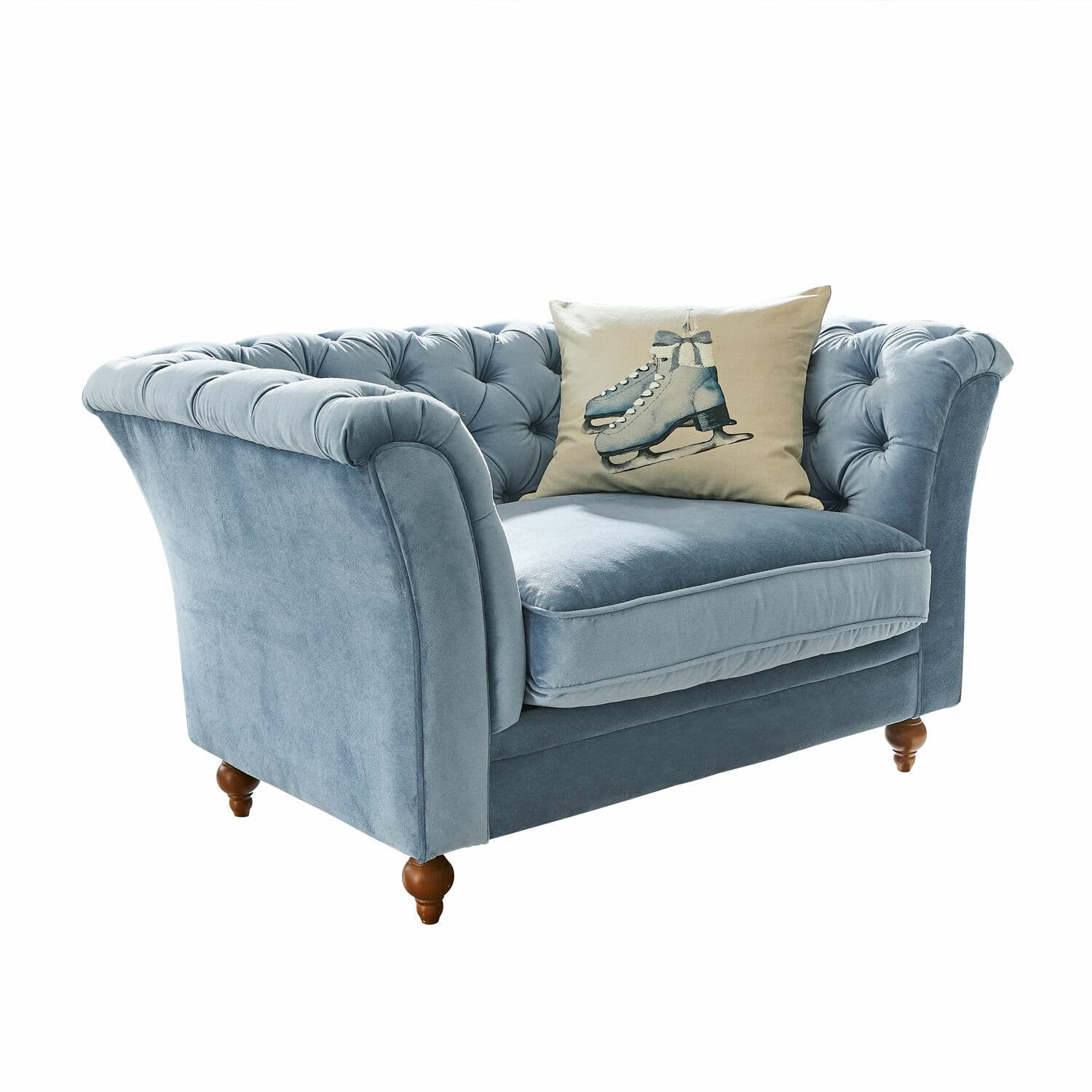 Sofa Clères Blaues Chesterfield-Samtsofa mit Holzbeinen und Kissen mit Schlittschuh-Motiv