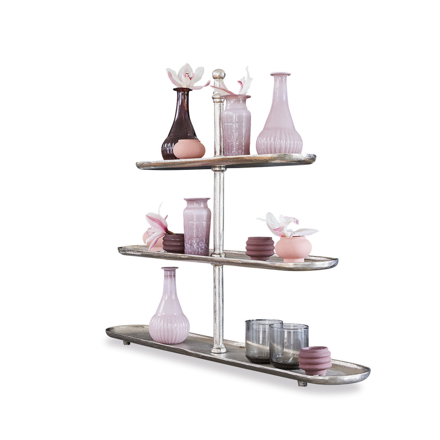 Dreistufiges Metallregal mit rosa und violetten Vasen und Blumenarrangements