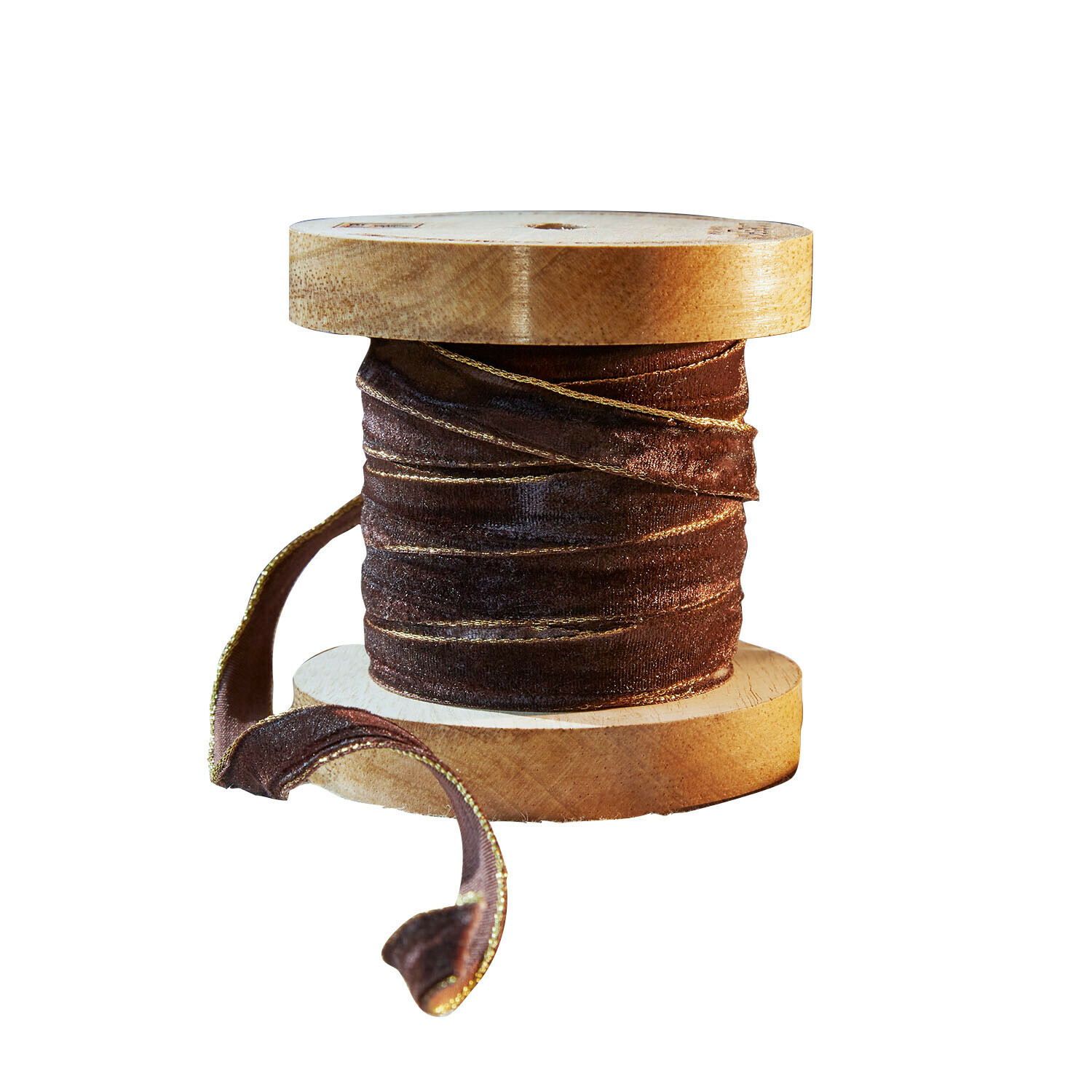 Samtband Sorima Braunes Samtband mit goldener Kante auf Holzspule, ideal für Dekoration und Bastelarbeiten