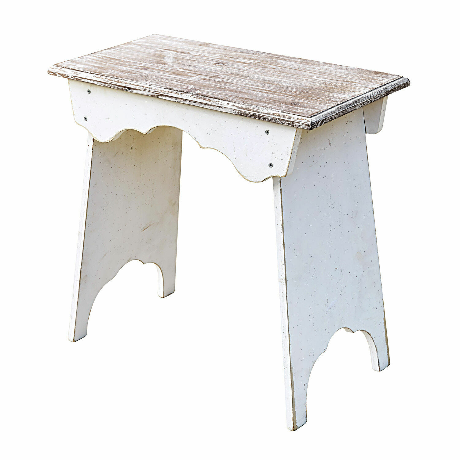 Hocker Fria Weißer Holzschemel mit abgenutzter Vintage-Platte für rustikales Interieur