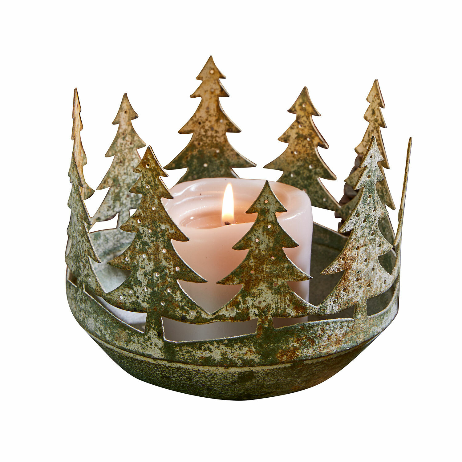 Windlicht Norundra Metall-Kerzenhalter mit Tannenbaum-Motiv in grün-rostmatt mit weißer Kerze, Weihnachtsdeko