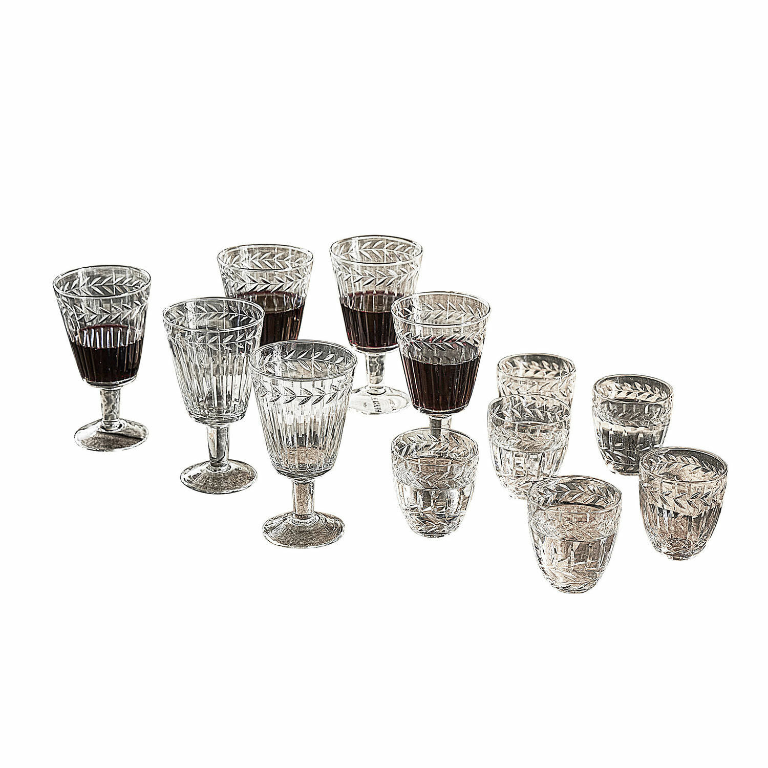 Glas 12er Set Padiès Set aus Kristallgläsern mit Blattmuster, Weingläser und Likörgläser aus klarem Glas