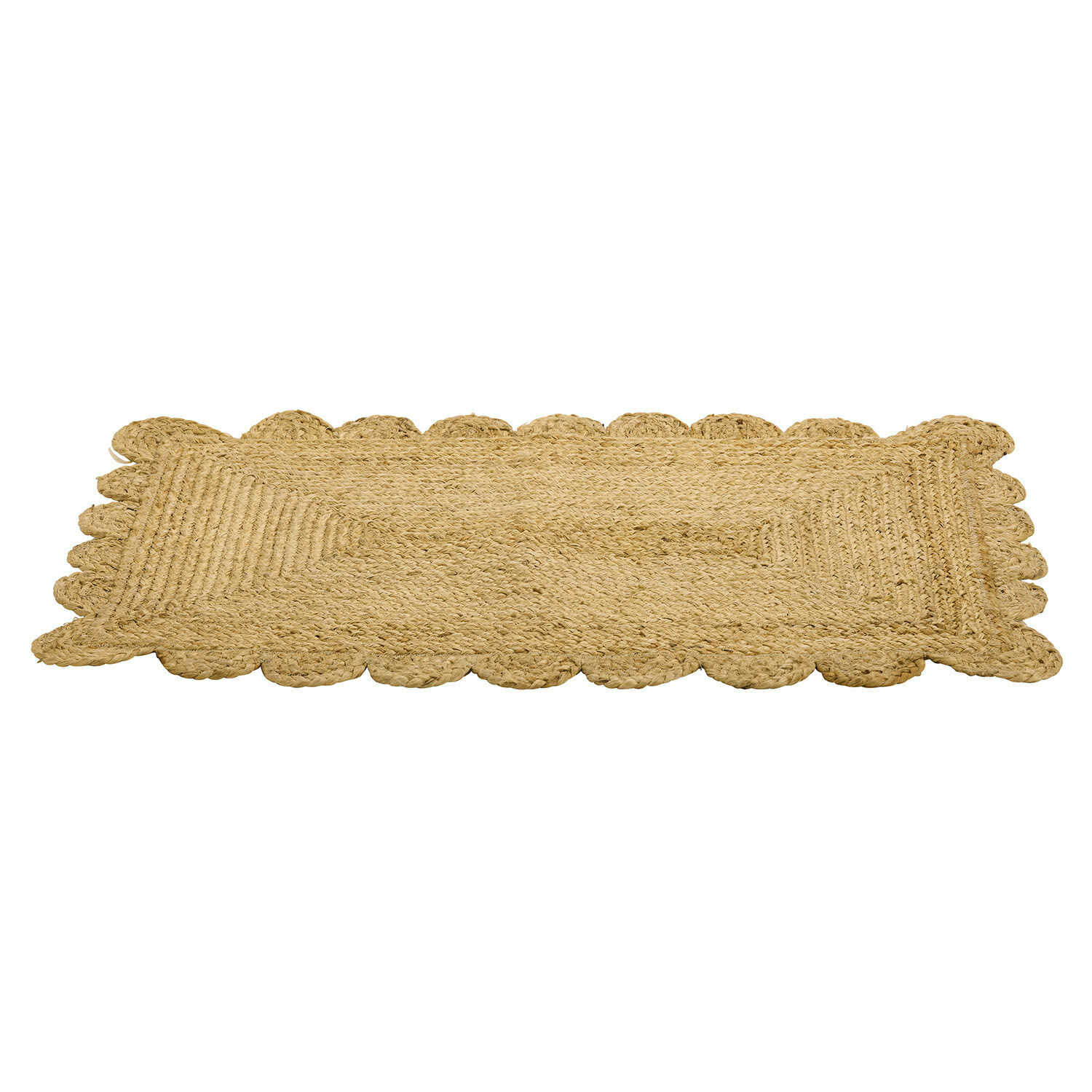 Natürlicher Jute-Teppich in Beige mit dekorativem gewelltem Rand für gemütliche Wohnräume.