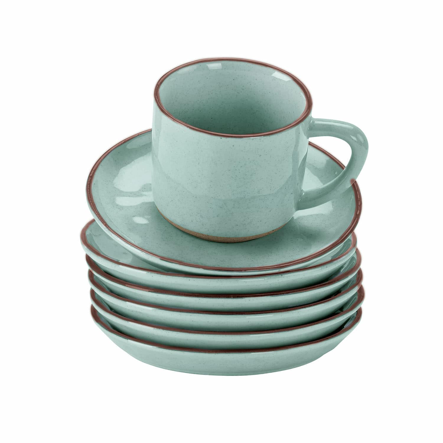 Tasse mit Untertasse 6er Set Biarré Set aus mintgrünen Keramiktassen und Untertassen mit braunem Rand für Kaffee