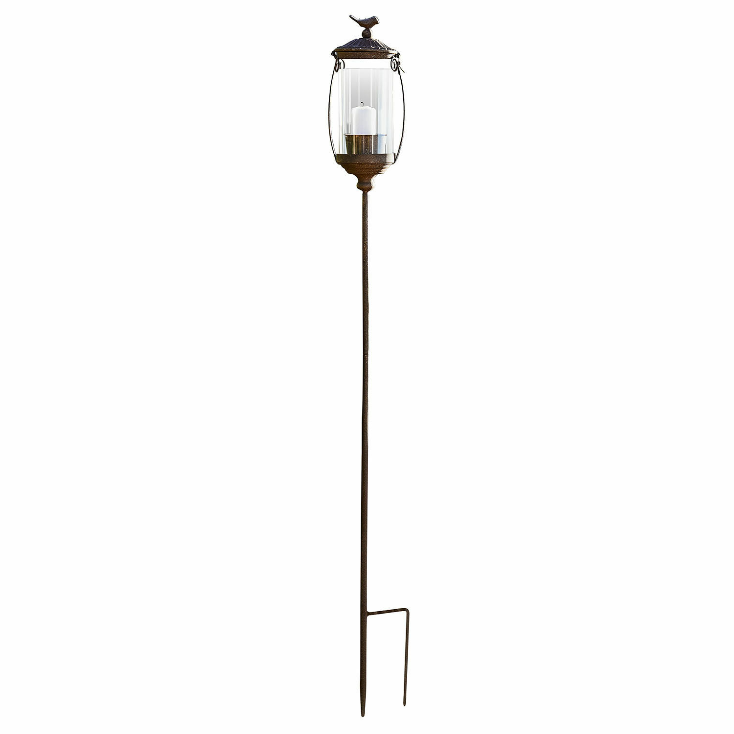 Laterne Nexoril Dekorative Gartenlaterne aus braunem Metall mit klarem Glas und weißer Kerze auf Erdspieß