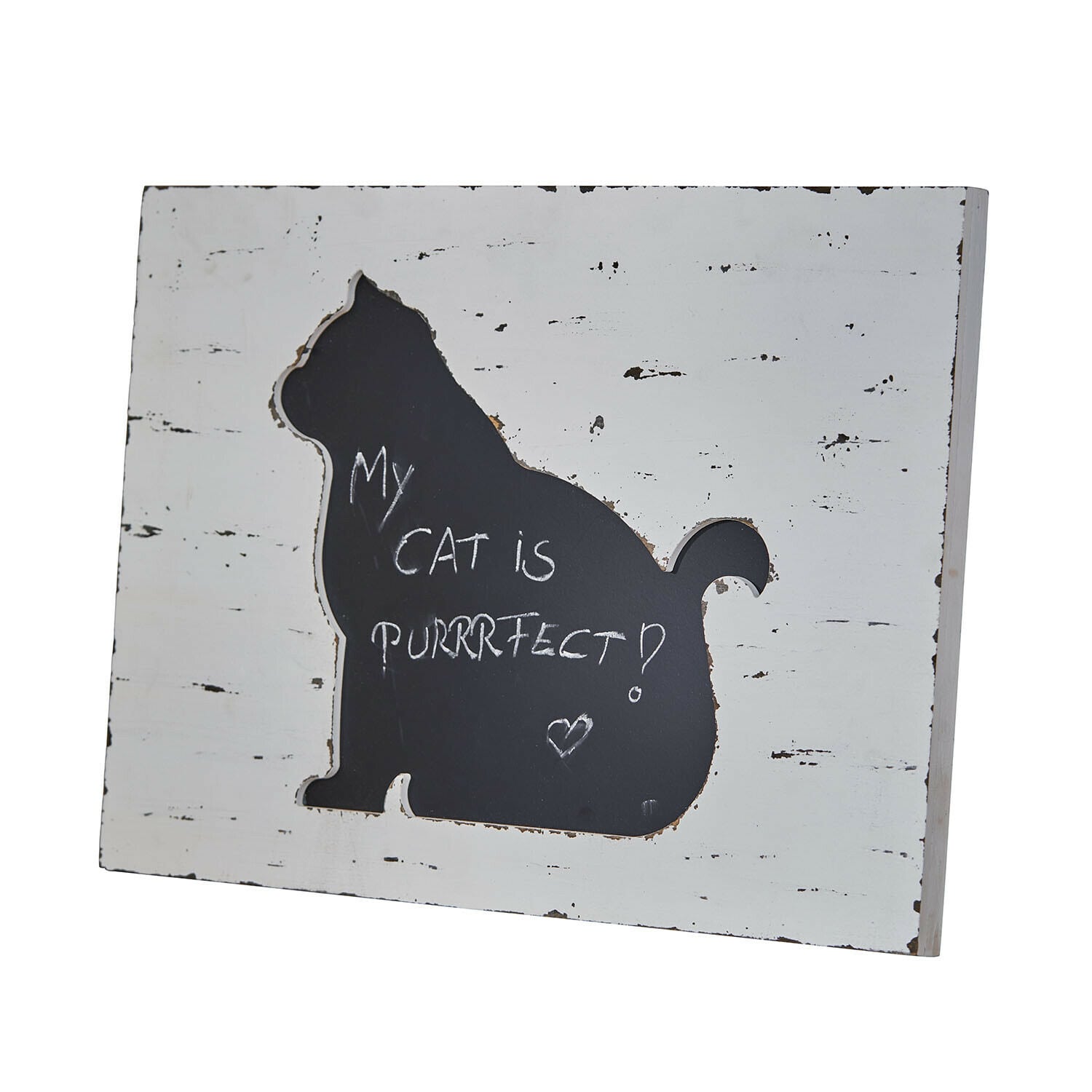 Tafel Viviennea Kreidetafel aus weißem Holz mit schwarzer Katzenform und Text über perfekte Katze