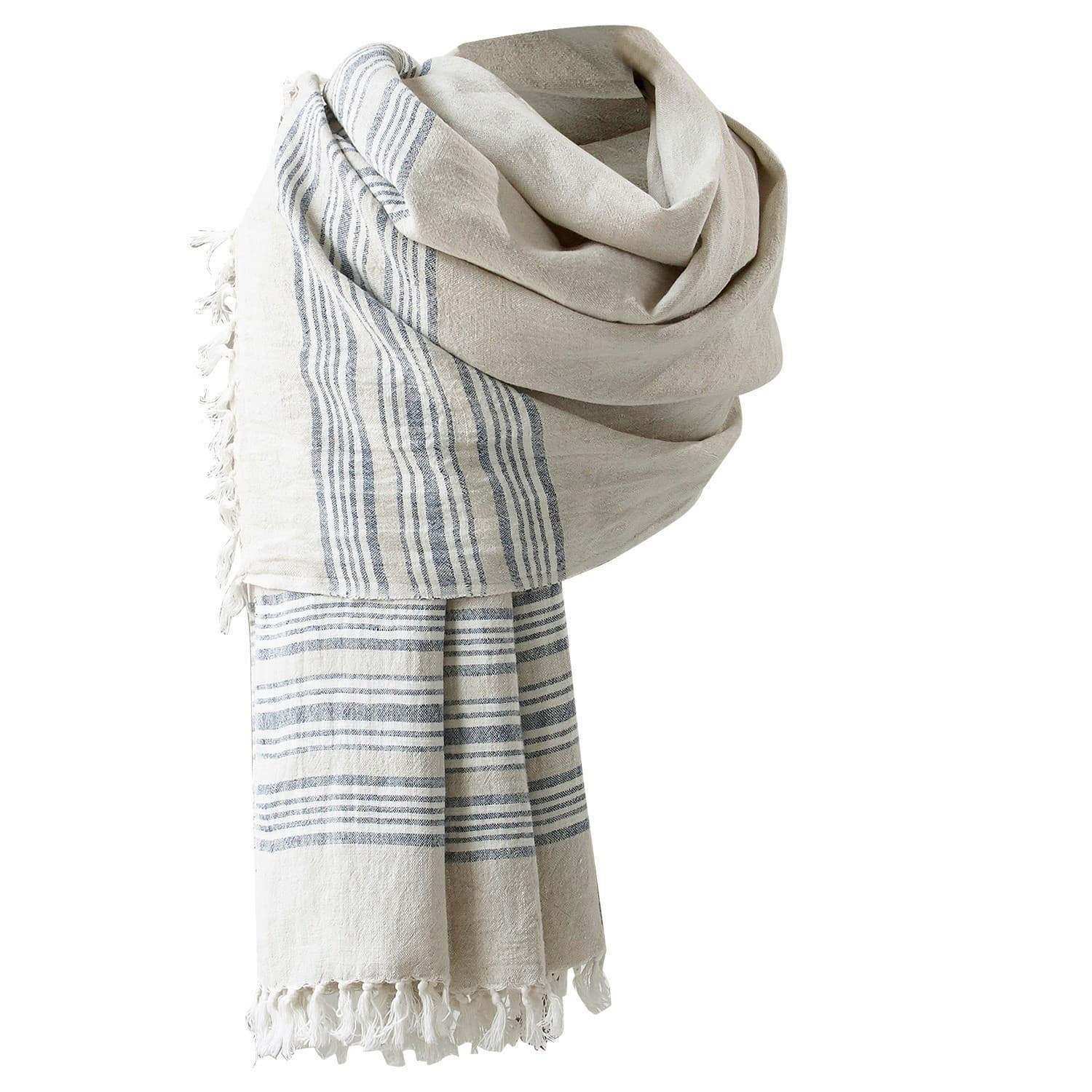 Leichter Leinen-Schal in Creme mit blauen Streifen und Fransen, modisches Accessoire für jeden Tag