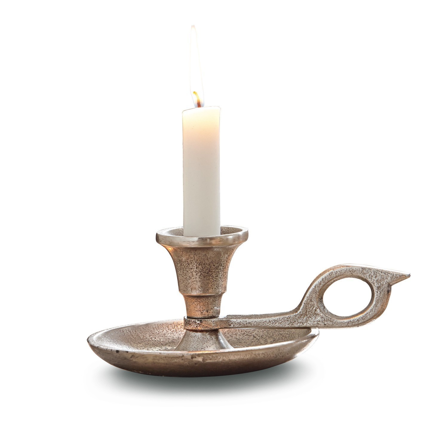 Kerzenständer Aida Metall-Kerzenhalter mit Griff in Silberfarbe und brennender weißer Kerze