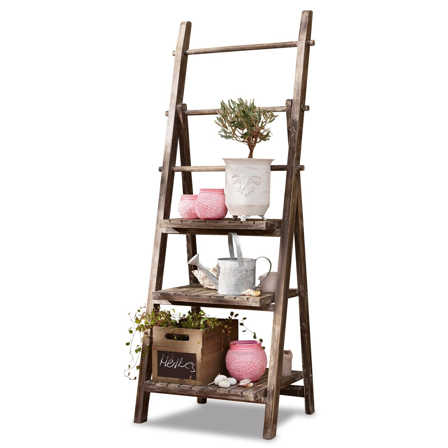 Rustikale braune Holzleiter mit Regalen, dekoriert mit Blumentöpfen und Gartenaccessoires