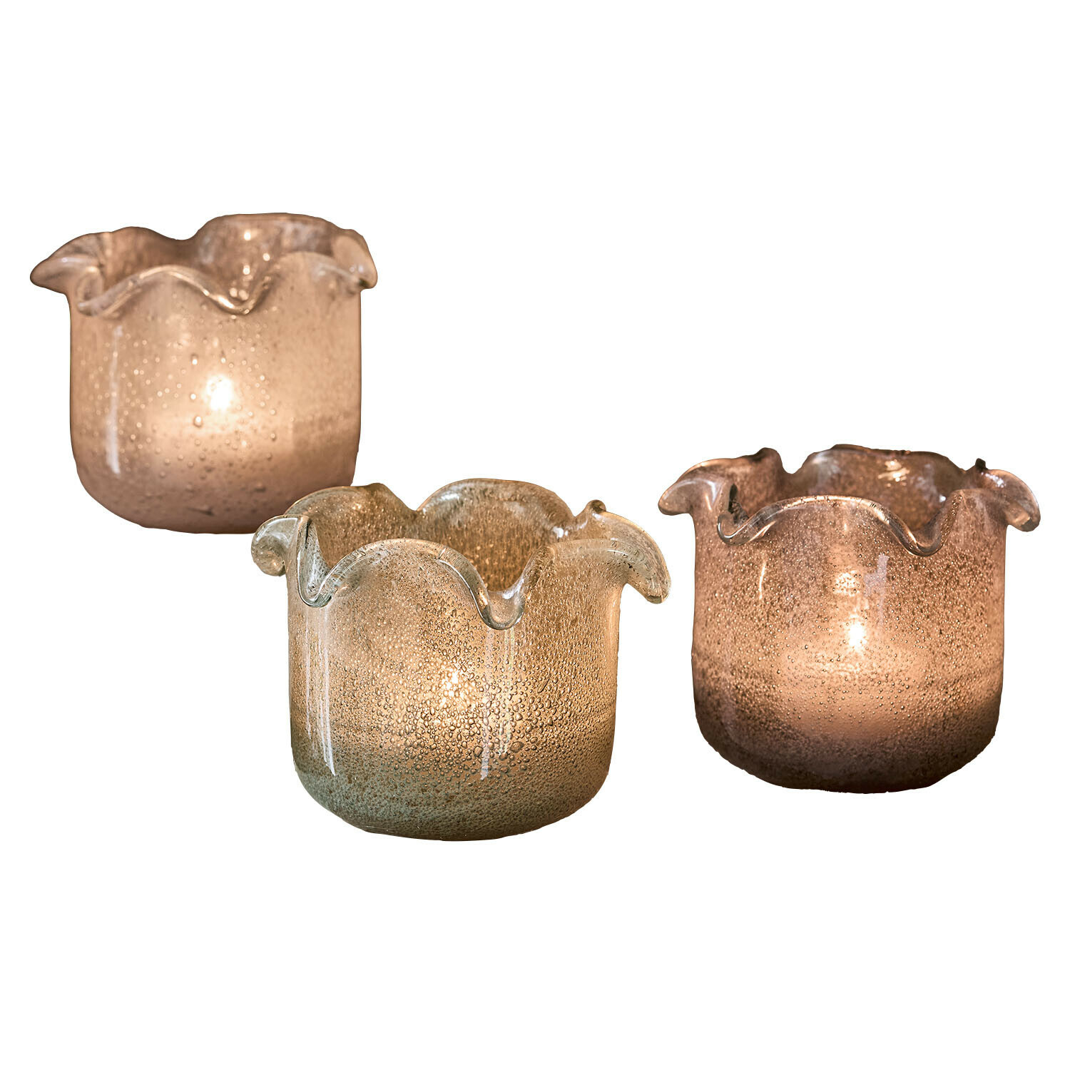 Windlicht 3er Set Venara Set aus drei Glas-Teelichthaltern mit welligem Rand in Braun- und Beigetönen zur Wohnraumdekoration