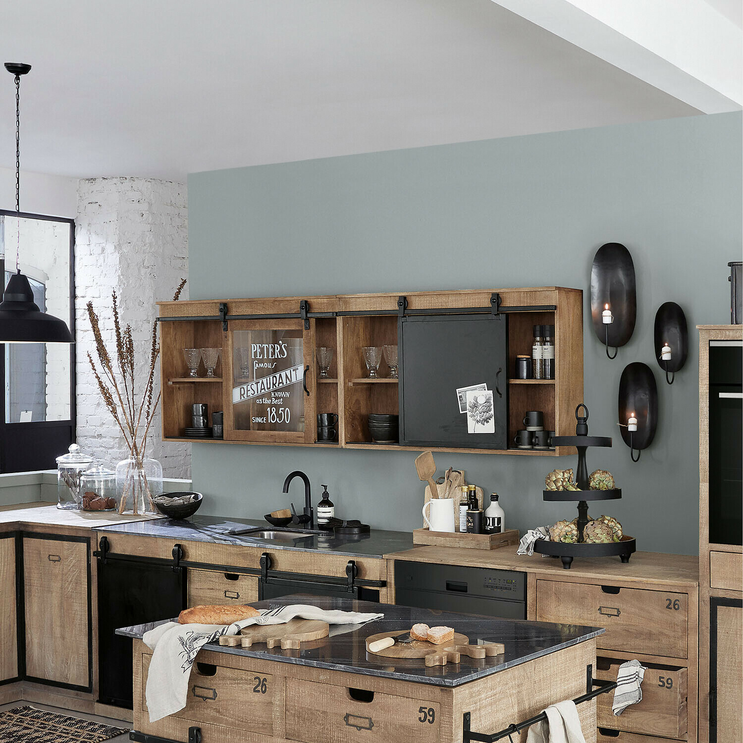 Hängeschrank 2er Set Oakland Holz-Küchenschrank mit Schiebetüren aus Glas und Metall im Industrie-Stil