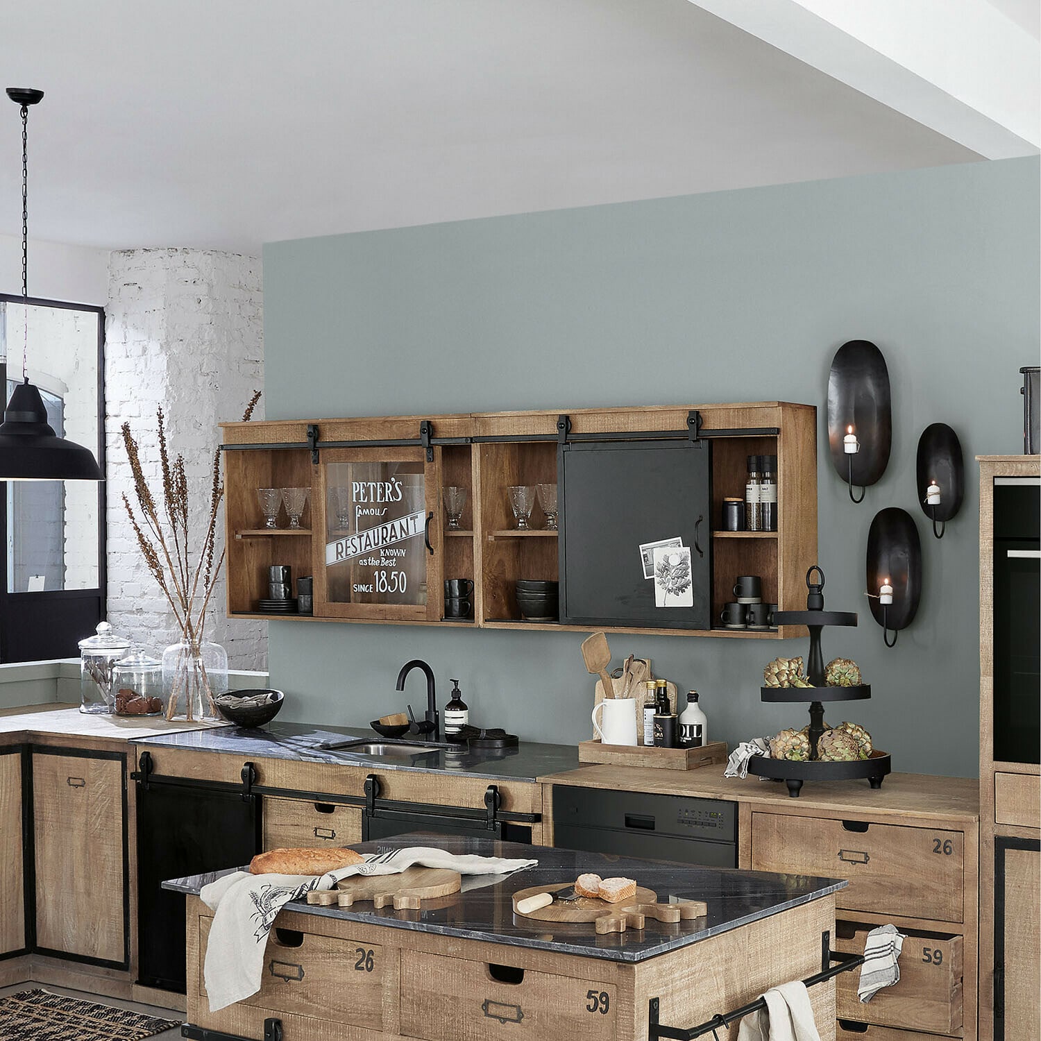 Hängeschrank 2er Set Oakland Holz-Küchenschrank mit Schiebetüren aus Glas und Metall im Industrie-Stil