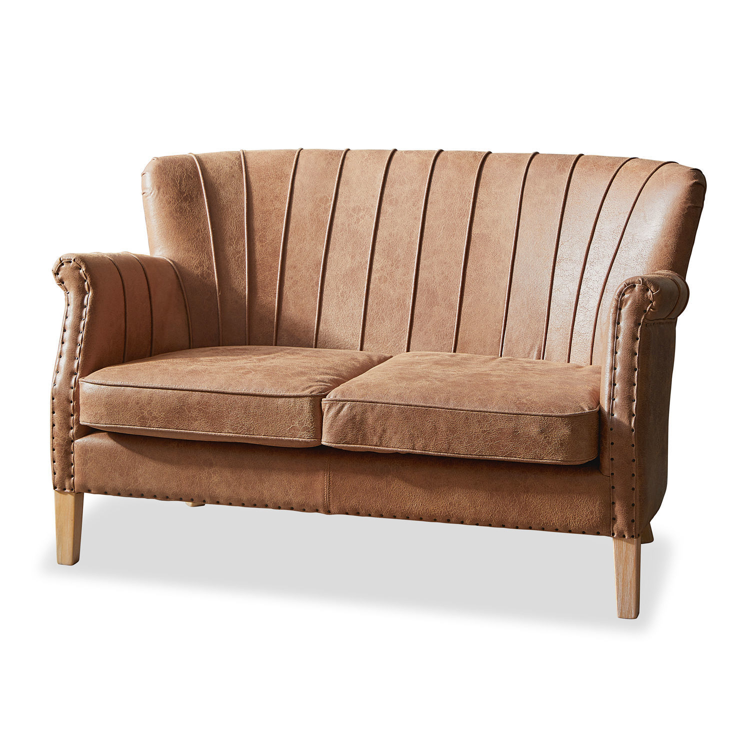 Sofa Brookfield Zweisitziges Sofa aus braunem Kunstleder mit dekorativen Nähten und hellen Holzbeinen