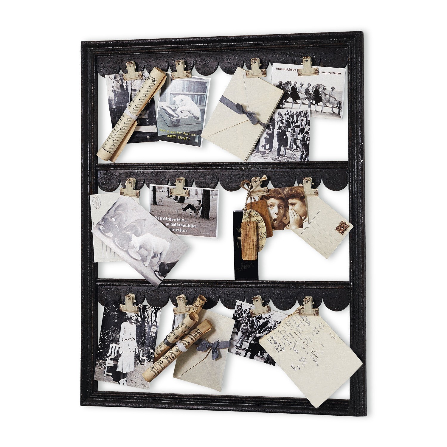 Schwarzer Holzrahmen mit Klammern zum Befestigen von Fotos und Briefen, Vintage-Wanddeko