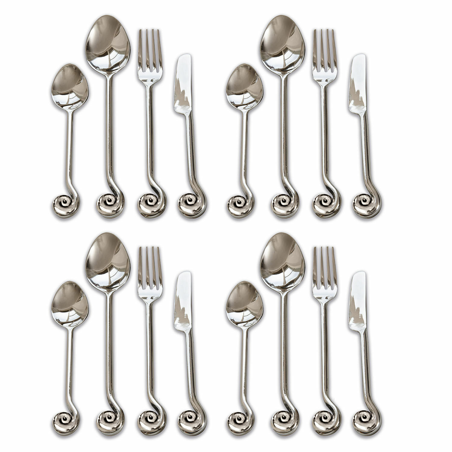 Besteck Hadley Set aus 16 silbernen Edelstahl-Besteckteilen mit dekorativem Spiralgriff, elegantes Design
