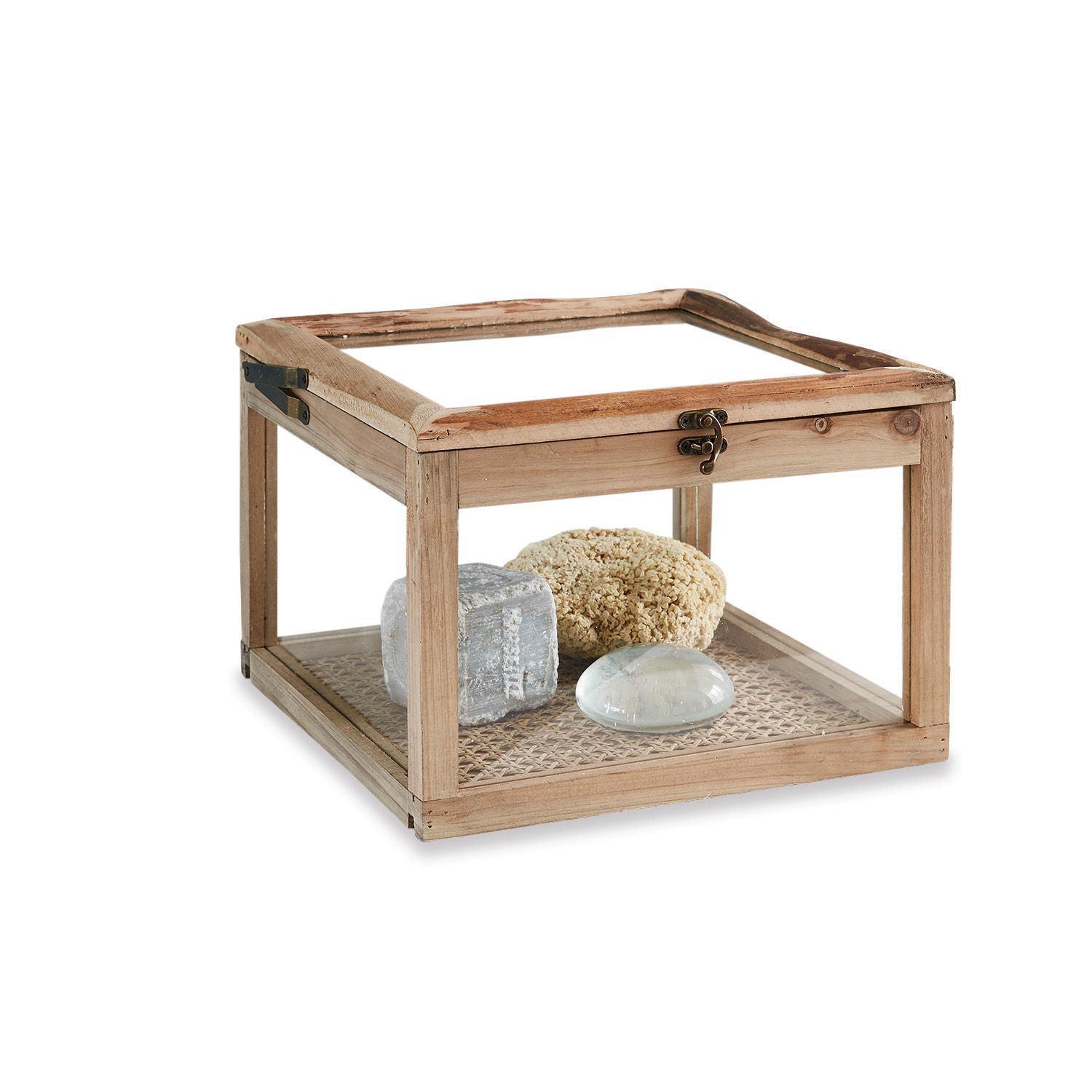 Dekorative Holz-Glas-Box mit Natursteinen und Schwamm im rustikalen Stil