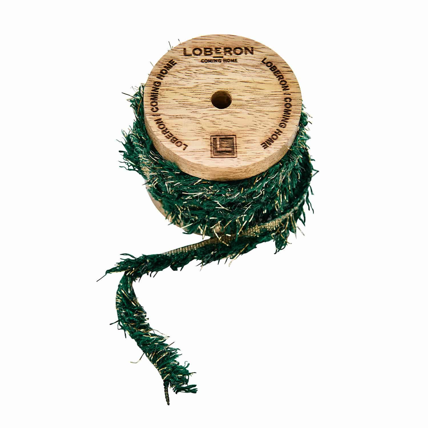 Band Calarith Holzspule mit grünem Dekoband und goldenen Glitzerelementen für festliche Dekoration