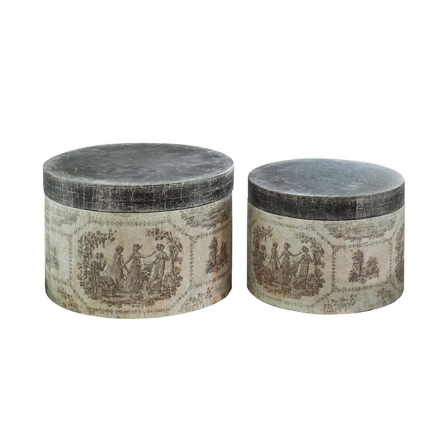 Set aus zwei runden Dekorationsdosen mit Vintage-Motiv in Grau-Beige-Tönen