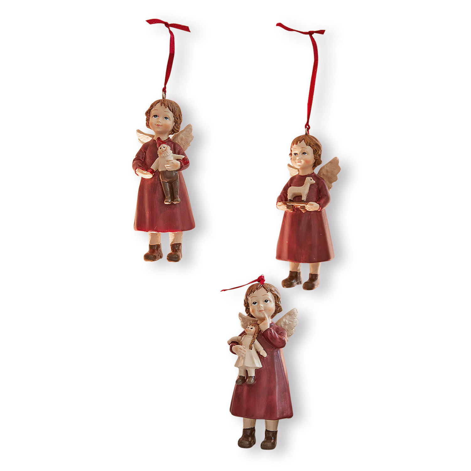 Set aus drei roten Engel-Figuren aus Kunststoff zum Aufhängen, Weihnachtsdeko mit Spielzeugmotiven