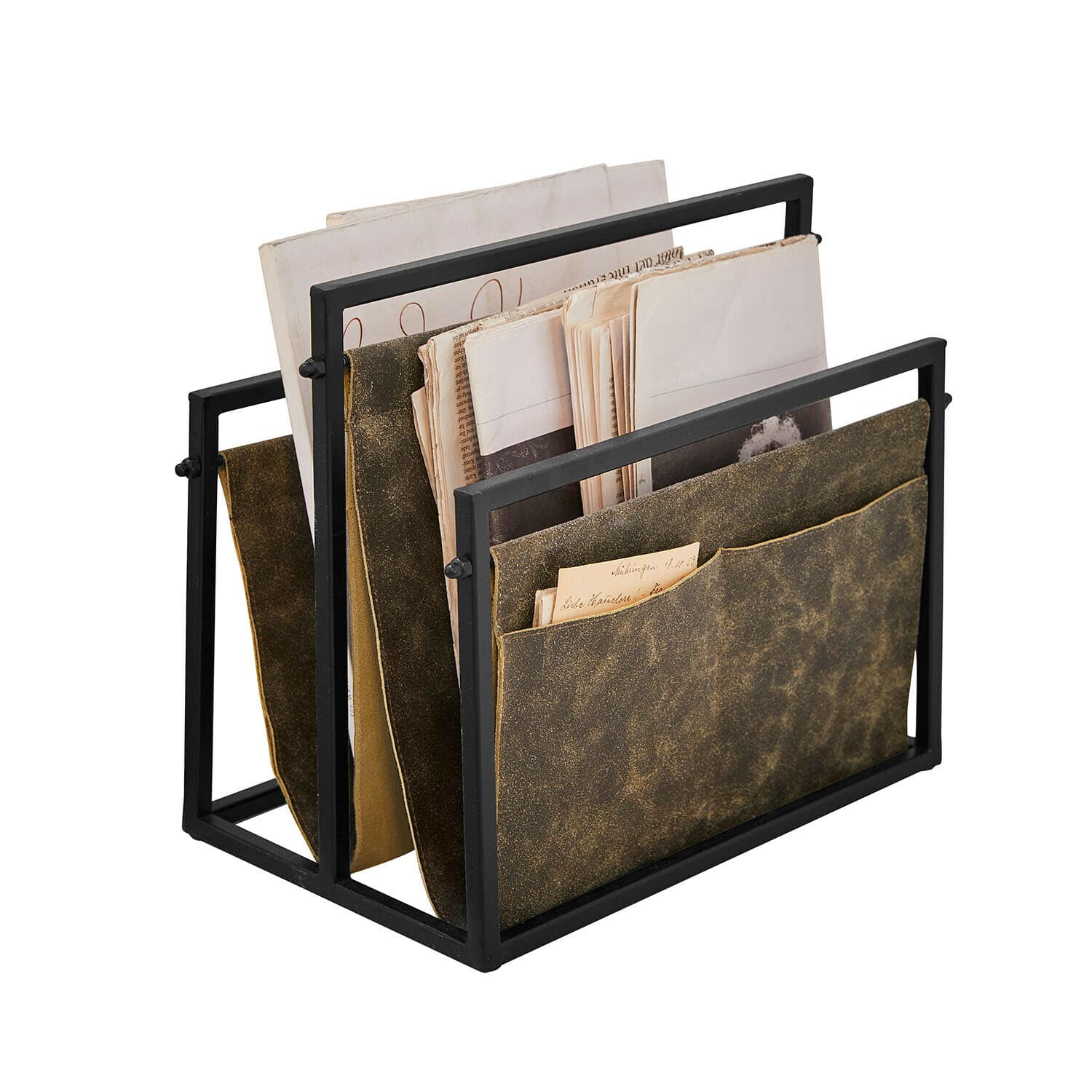 Zeitschriftenhalter Larkwoods Zeitungsständer mit schwarzem Metallrahmen und brauner Lederablage für Dokumente und Magazine