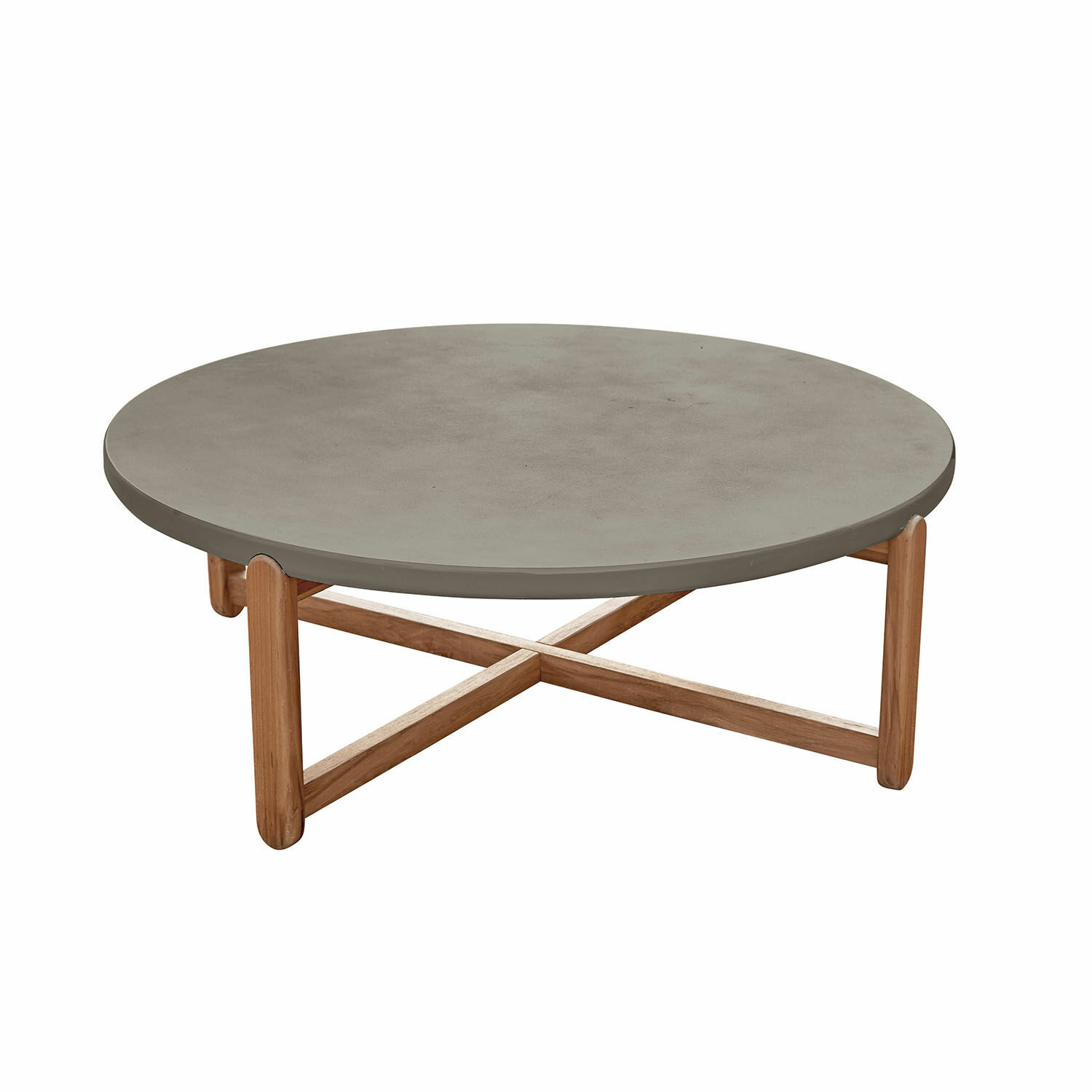 Couchtisch Robinson Runder Couchtisch mit grauer Betonplatte und natürlichem Holzgestell