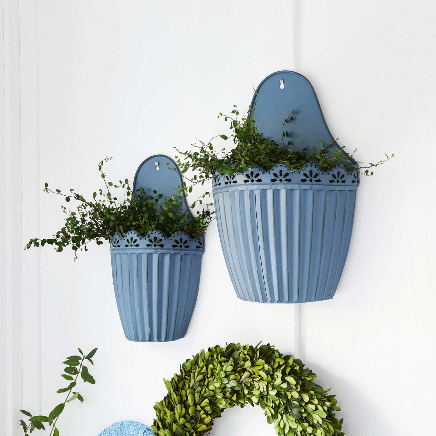 Set aus zwei blauen Metall-Wandblumentöpfen mit Pflanzen zur Wanddekoration