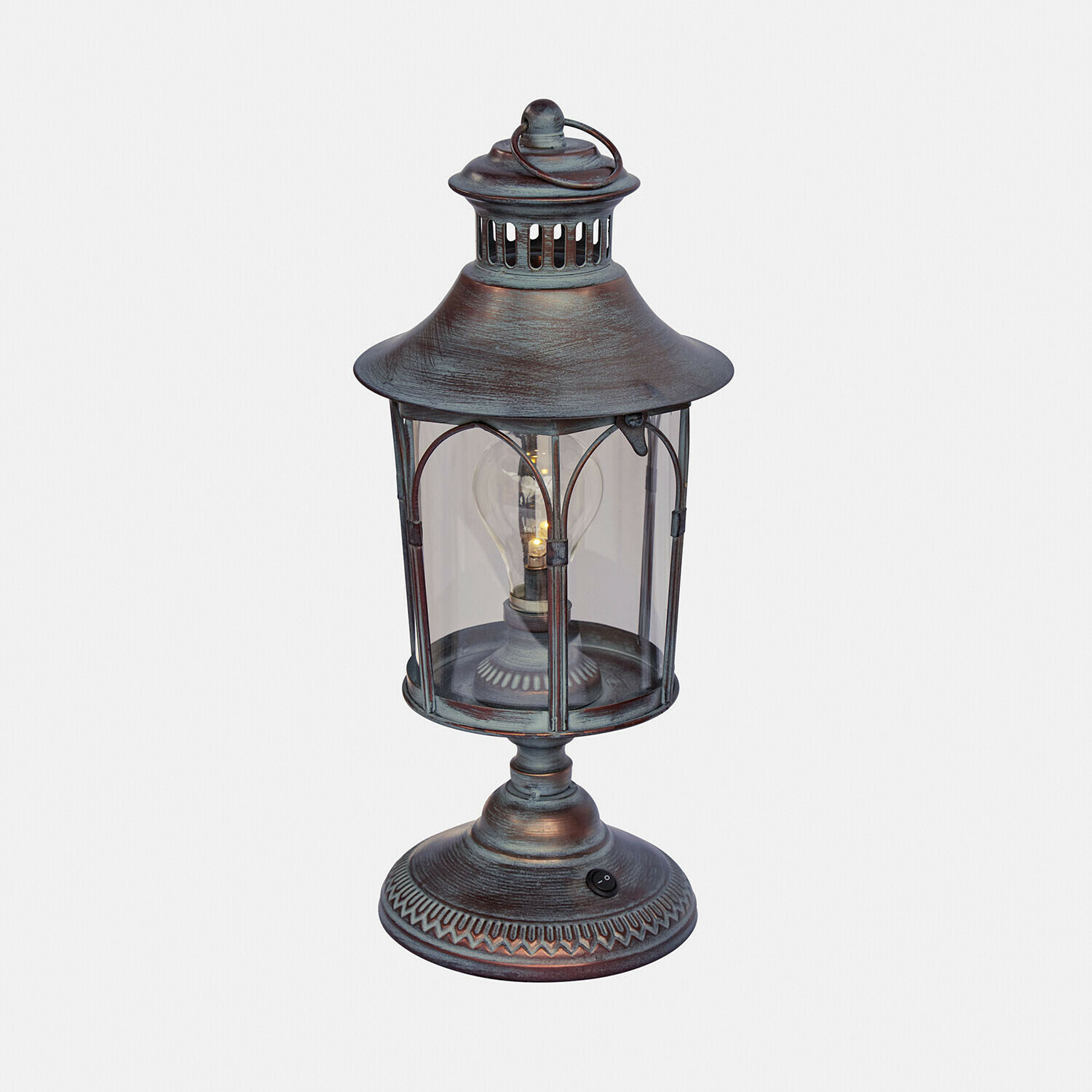 Metall-Tischlampe im Laternenstil mit klarem Glas und Schalter, Farbe antikes Bronze