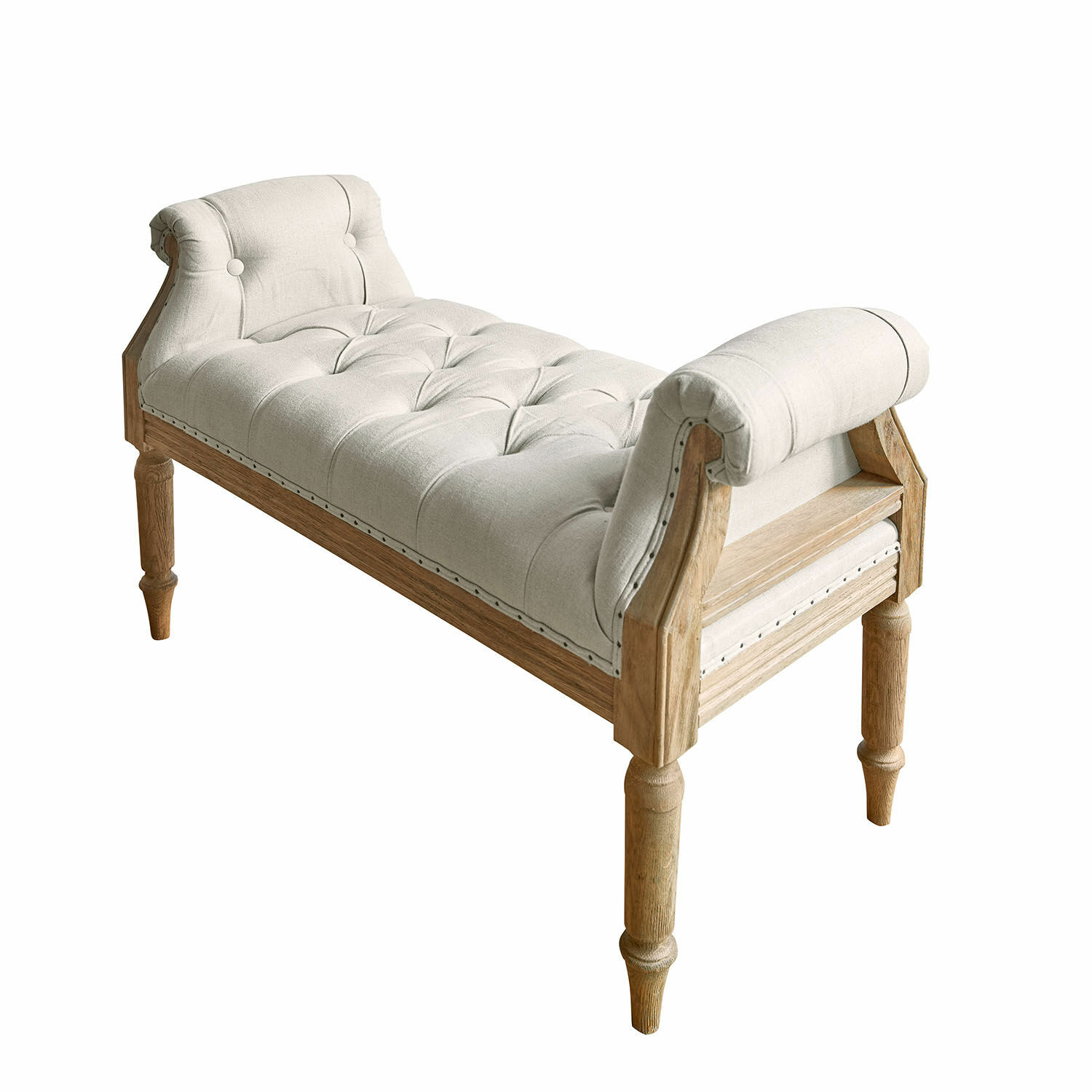 Bank mit hellbeigem Stoff und Eichenholz, vintage Stil, gepolstert für Wohnzimmer