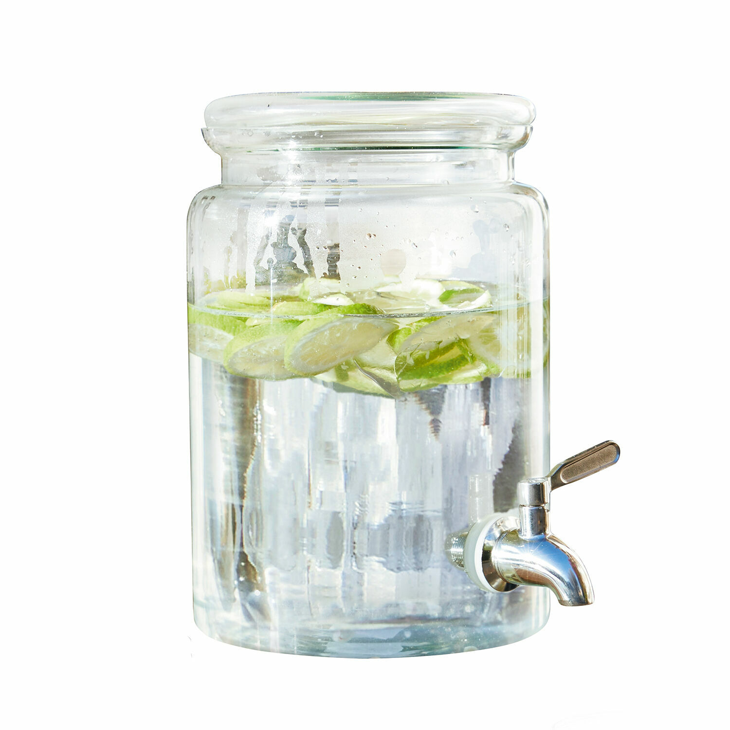 Getränkespender Gabela Glasgetränkespender mit Zapfhahn, gefüllt mit Wasser und Limettenscheiben, ideal zum Servieren von Getränken