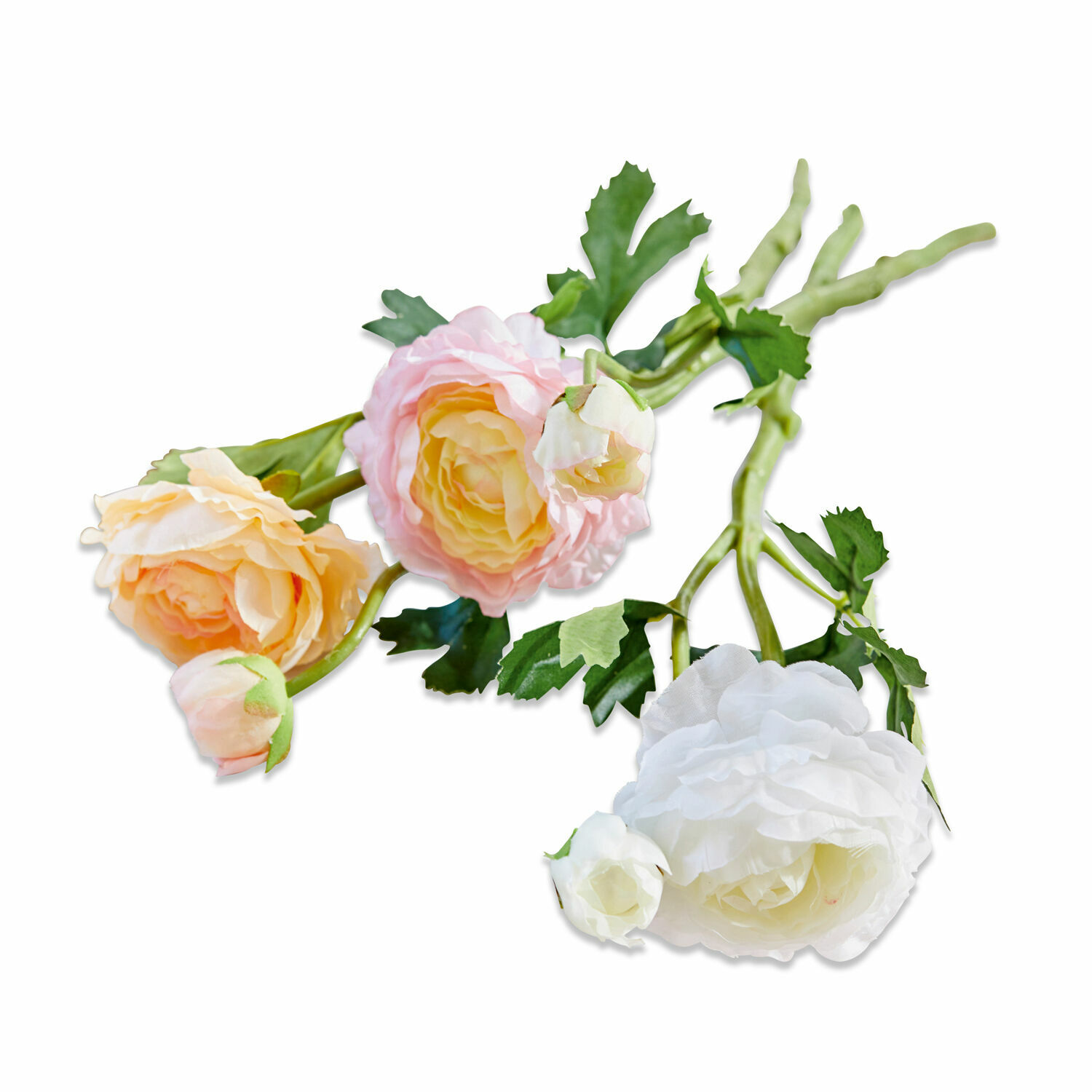 Kunstblumenstrauß mit rosa, weißen und pfirsichfarbenen Blüten auf grünen Stielen