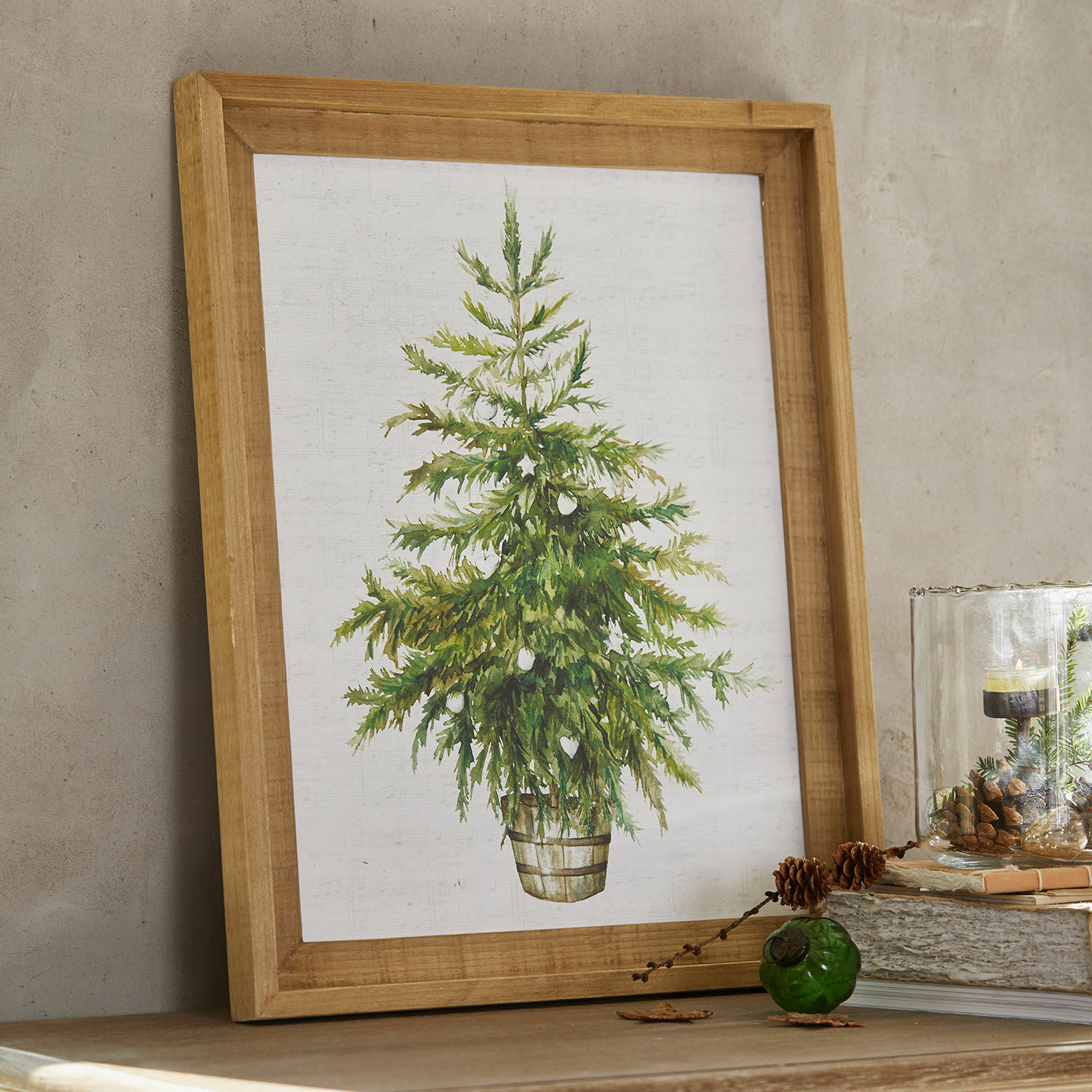 Bild Nadirah Bild mit grünem Tannenbaum in hellem Holzrahmen, weihnachtliche Wanddekoration