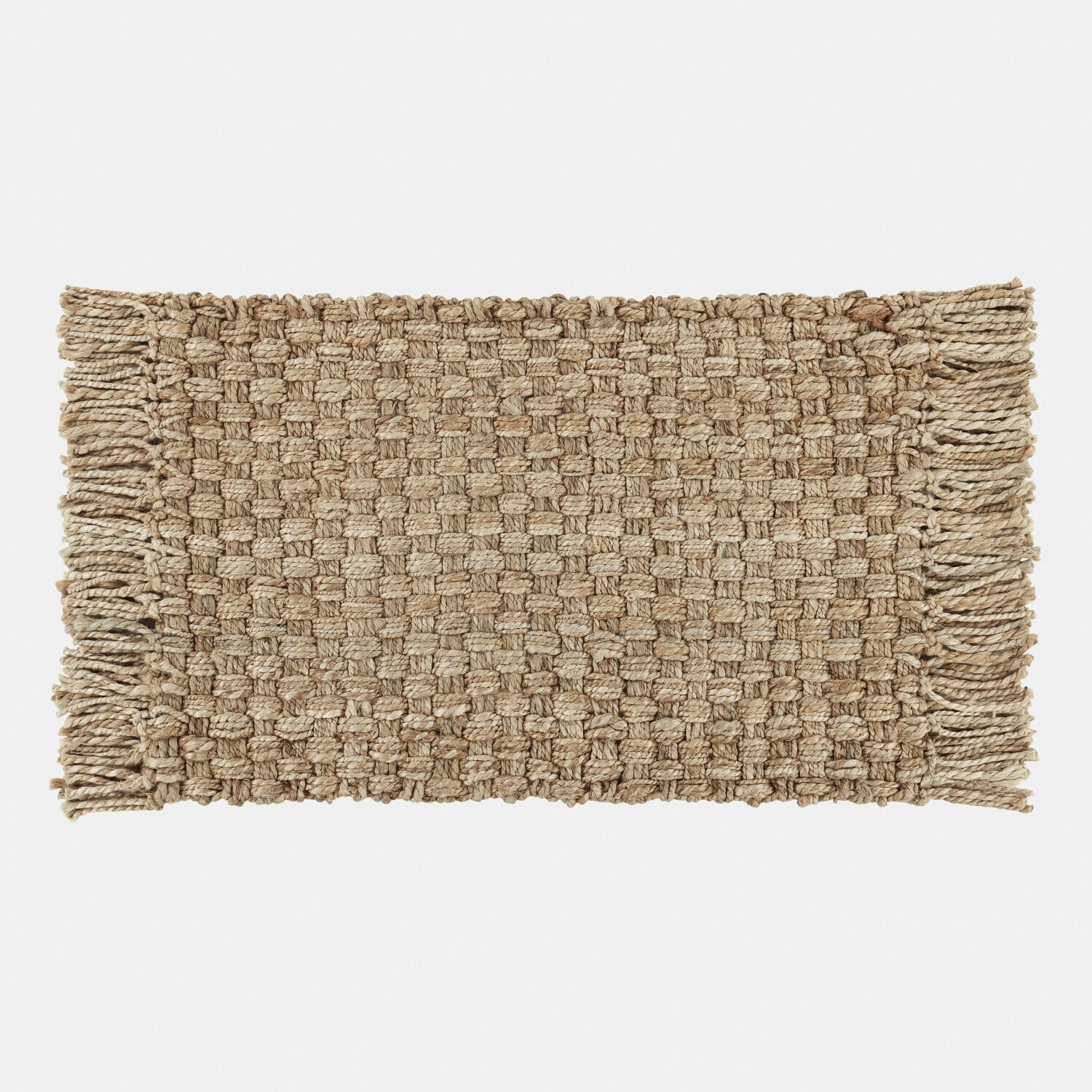 Handgewebter Teppich aus natürlicher Jute in Beige mit Fransen, Wohn- und Bodenaccessoire