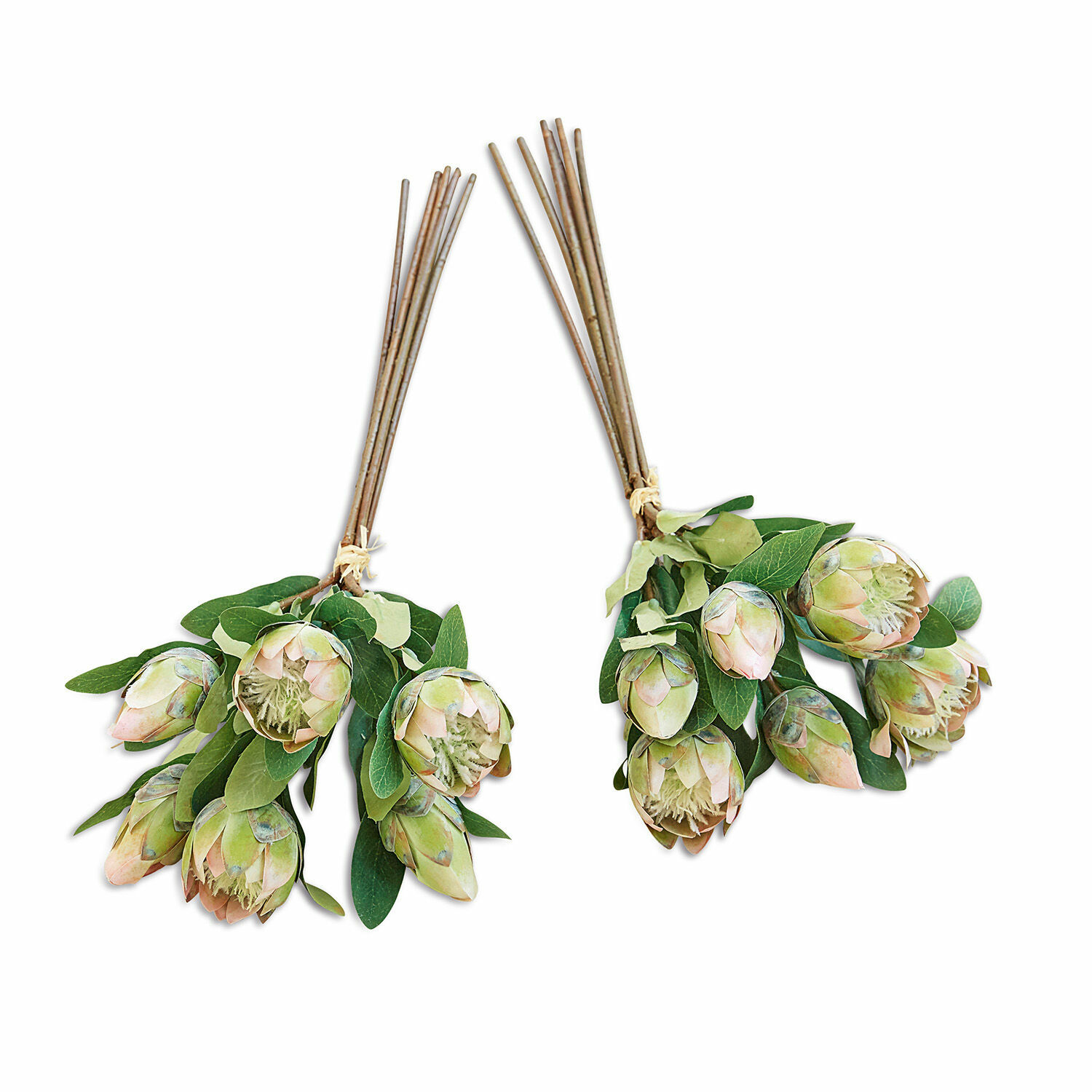 Zwei Sträuße künstlicher Protea-Blumen in grün-rosa mit Blättern an braunen Stielen