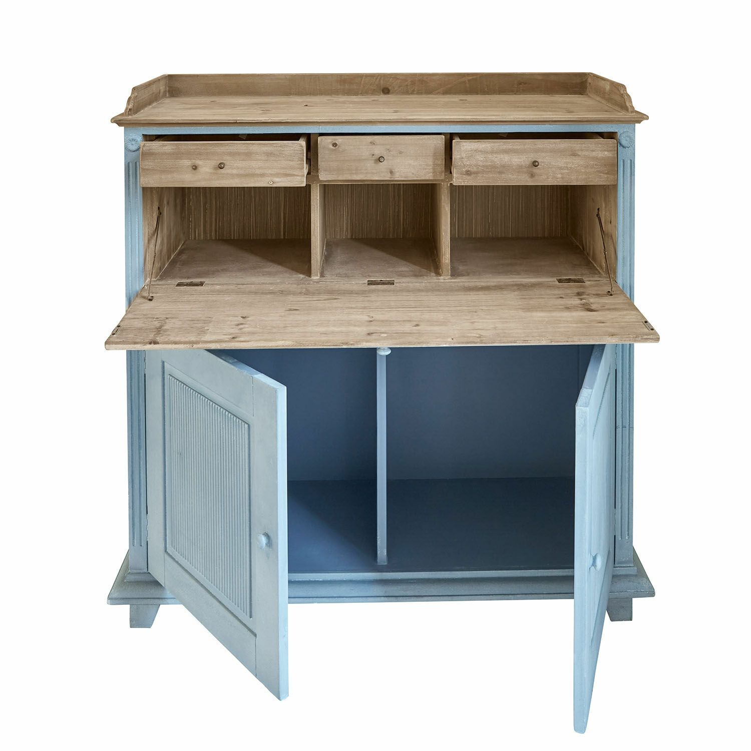 Sekretär Marignelle Holzkommode mit blauen Türen und naturfarbenem Holzplatte, praktische Schubladen und Fächer zur Aufbewahrung