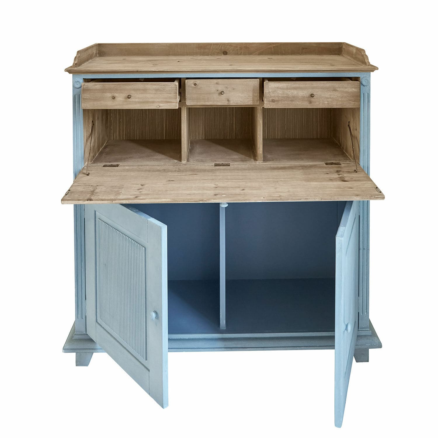 Sekretär Marignelle Holzkommode mit blauen Türen und naturfarbenem Holzplatte, praktische Schubladen und Fächer zur Aufbewahrung