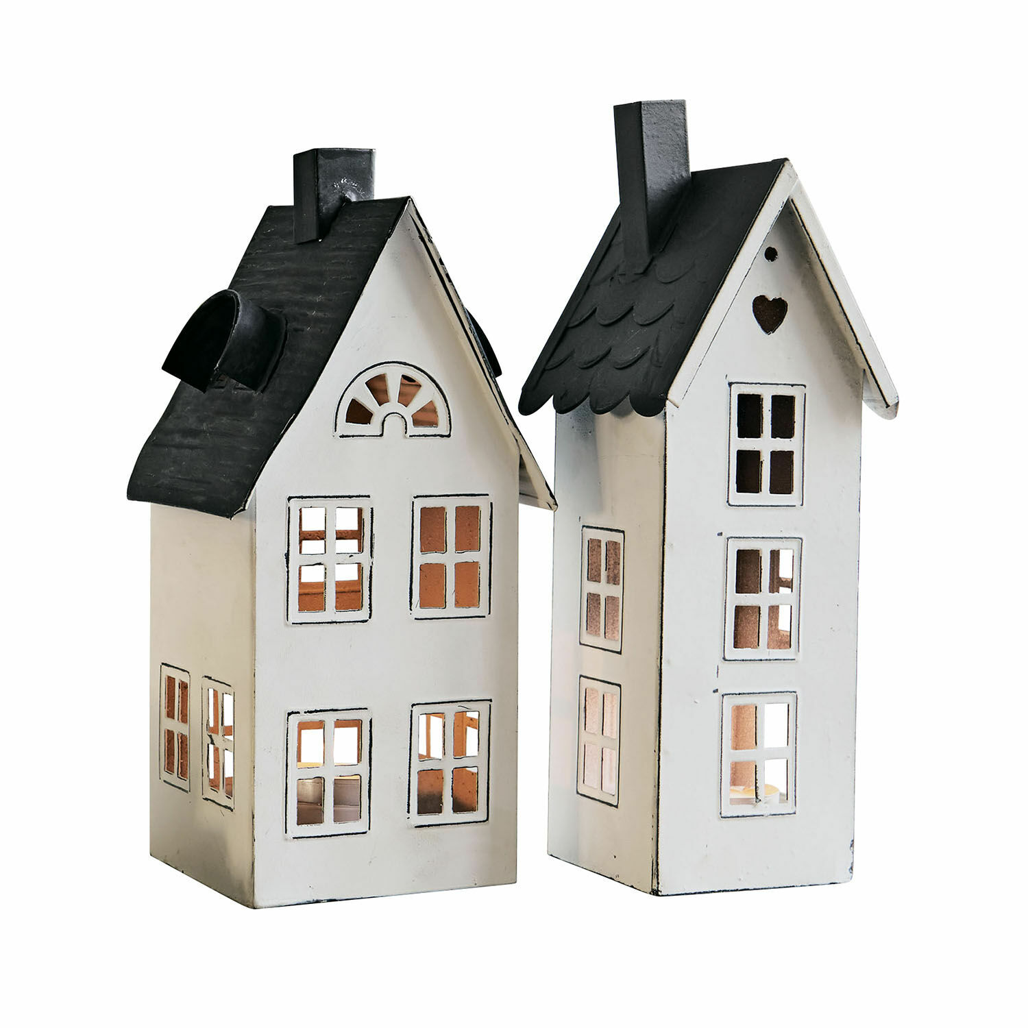 Laterne 2er Set Gunar Dekorative weiße Metallhäuser mit schwarzen Dächern, stilvolle Wohn- und Gartendekoration