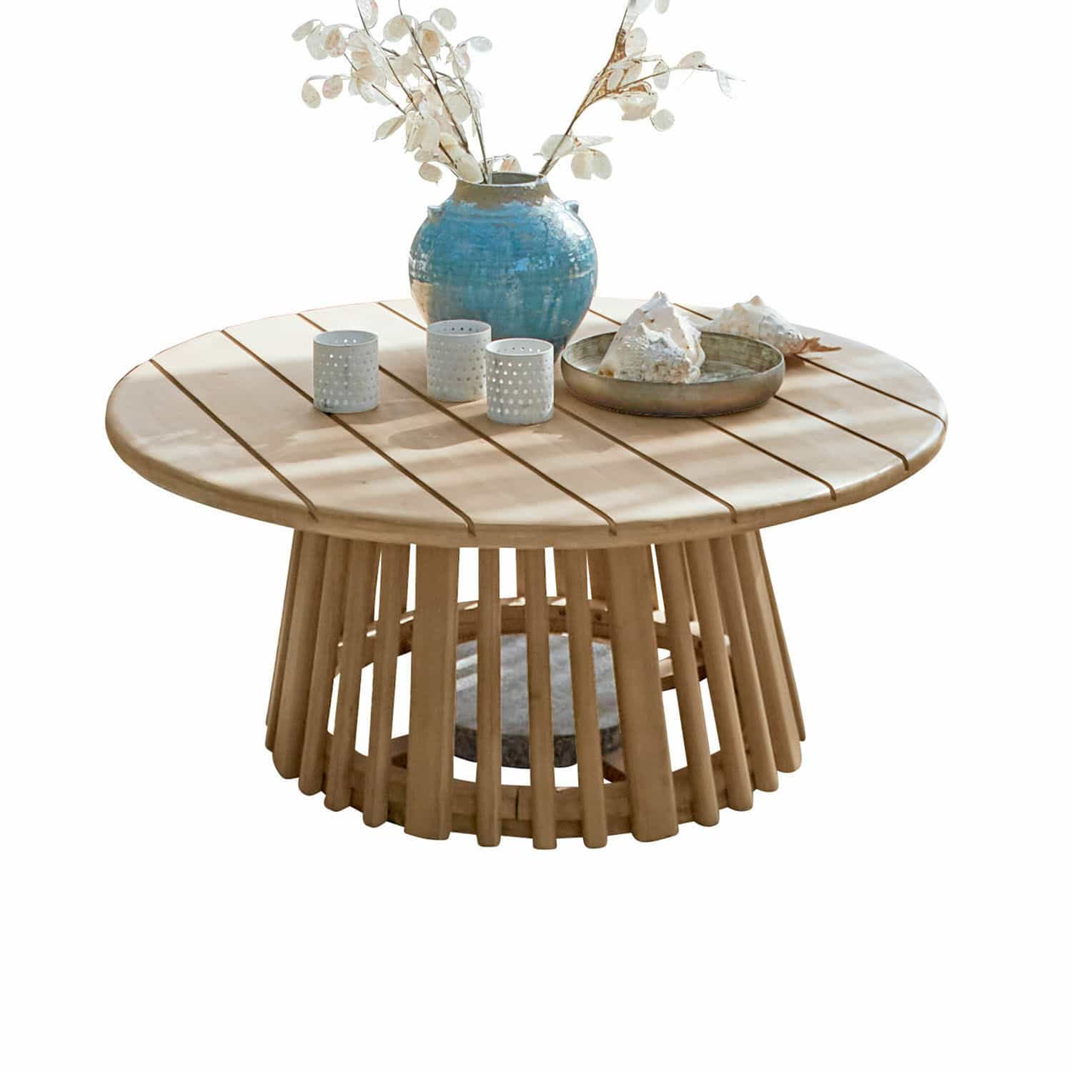 Couchtisch FSC®-100% Tewsbury Runder Couchtisch aus hellem Holz mit Dekorationen auf der Platte für Wohnzimmer