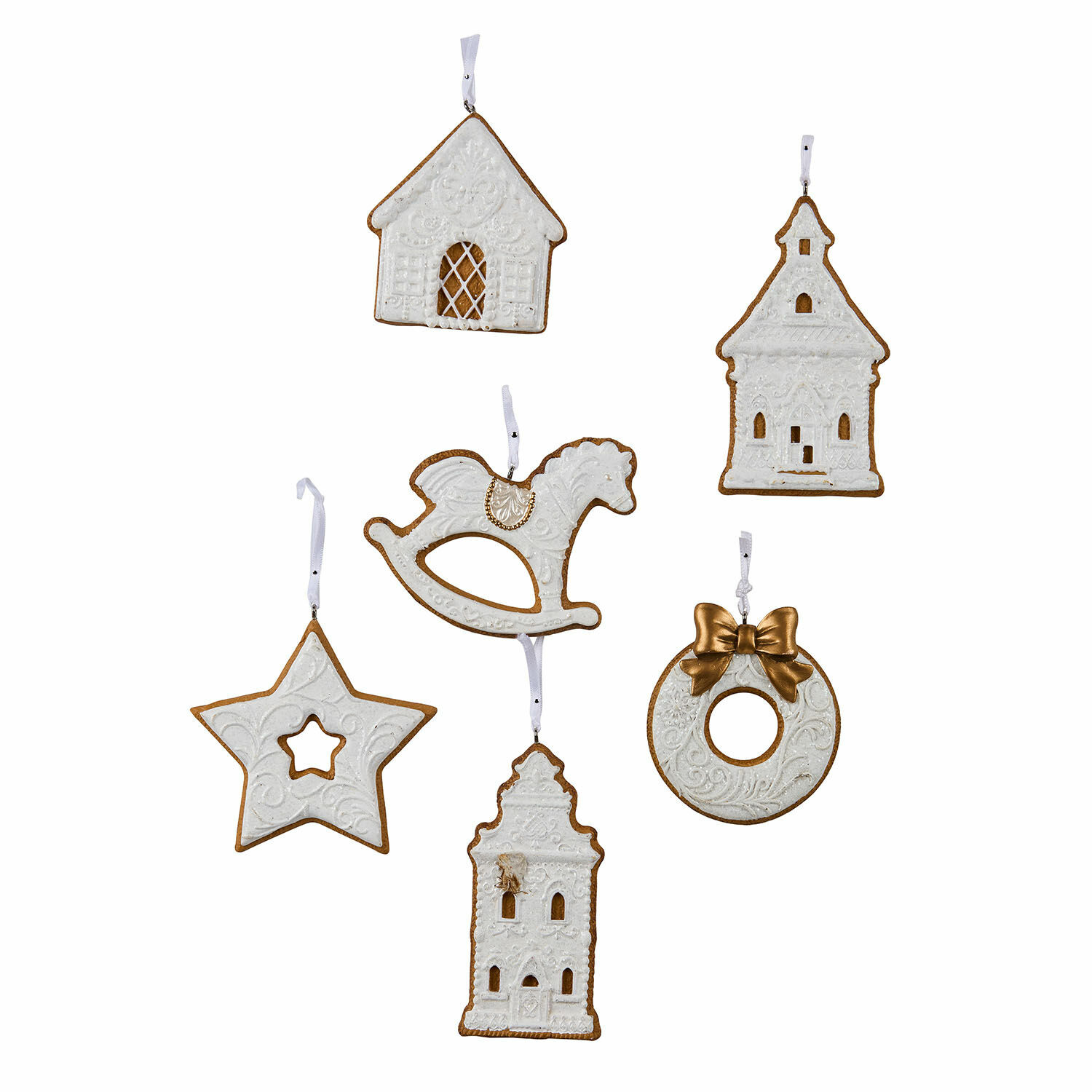 Anhänger 6er Set Roéline Set aus weißen Weihnachtsanhängern mit Haus-, Schaukelpferd- und Sternmotiven mit Aufhängeschleifen