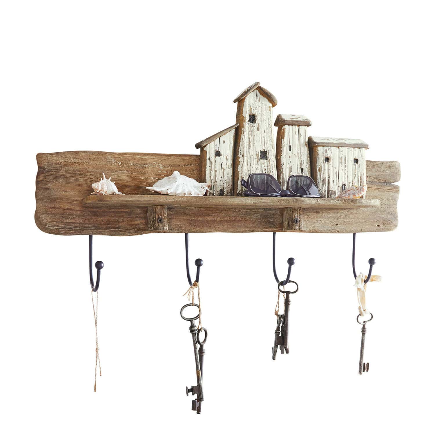 Hakenboard Charmani Rustikaler Holz-Schlüsselhalter mit maritimer Deko aus Häusern und Muscheln