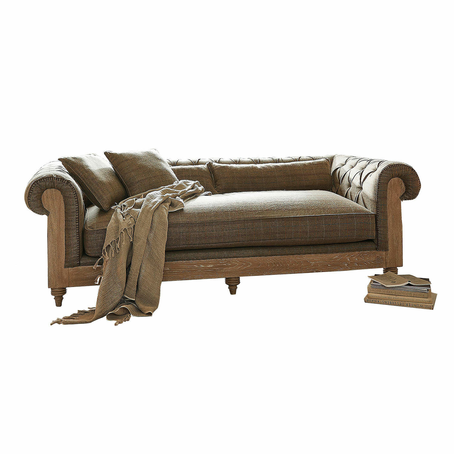 braun Braunes Kanani Sofa aus Stoff und Holz mit Kissen und Decke, gemütliches Wohnzimmermöbel