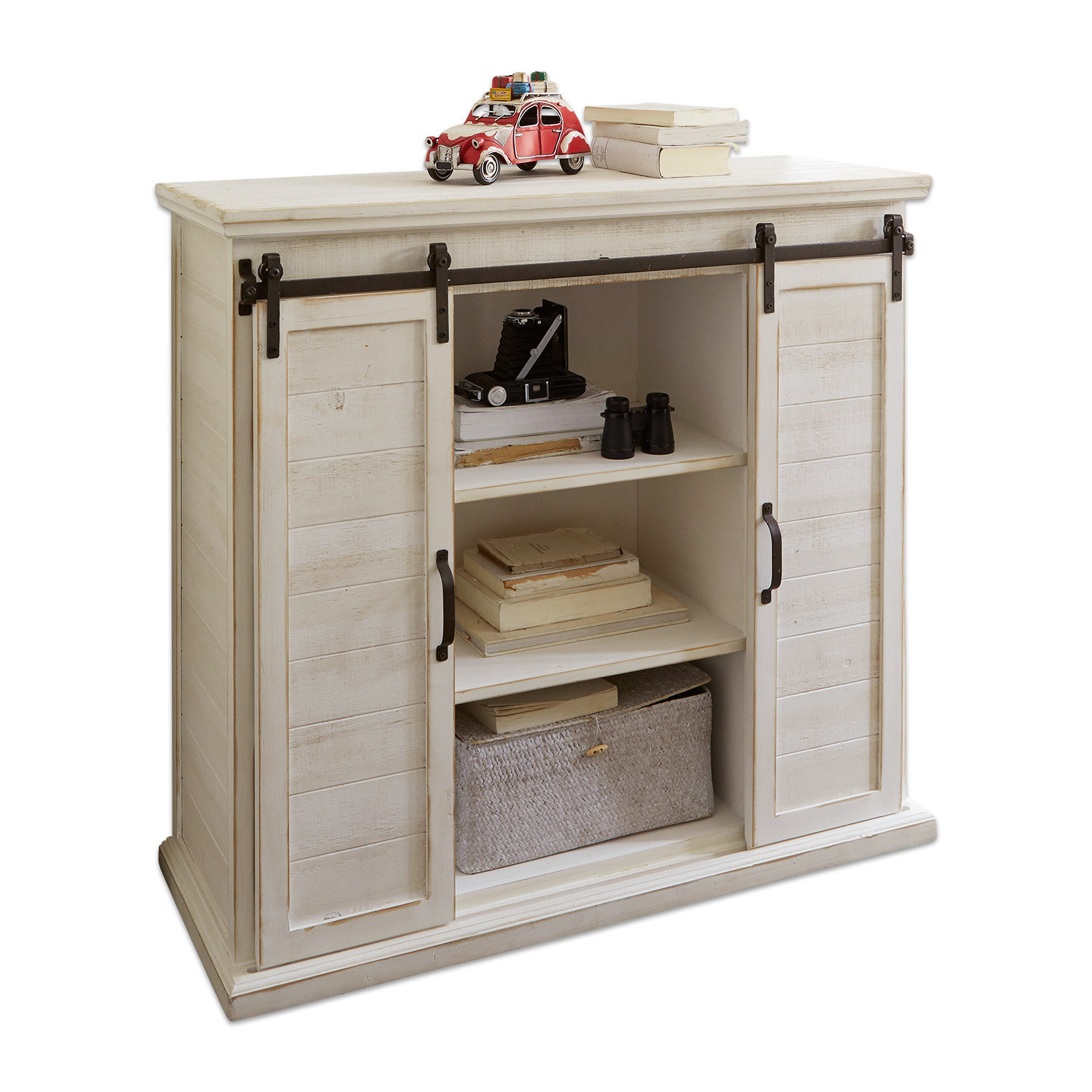 Kommode Perrin Weiße Holzkommode mit Schiebetüren und Regalen zur Aufbewahrung von Büchern und Dekoration