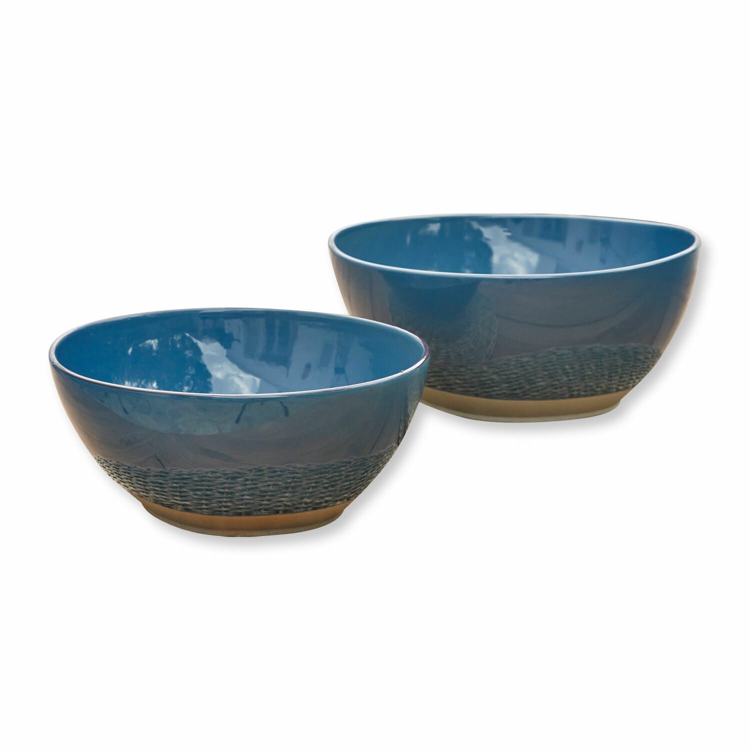 blau 2er Set blaue Salatschüsseln aus Keramik mit dekorativem Muster am Boden