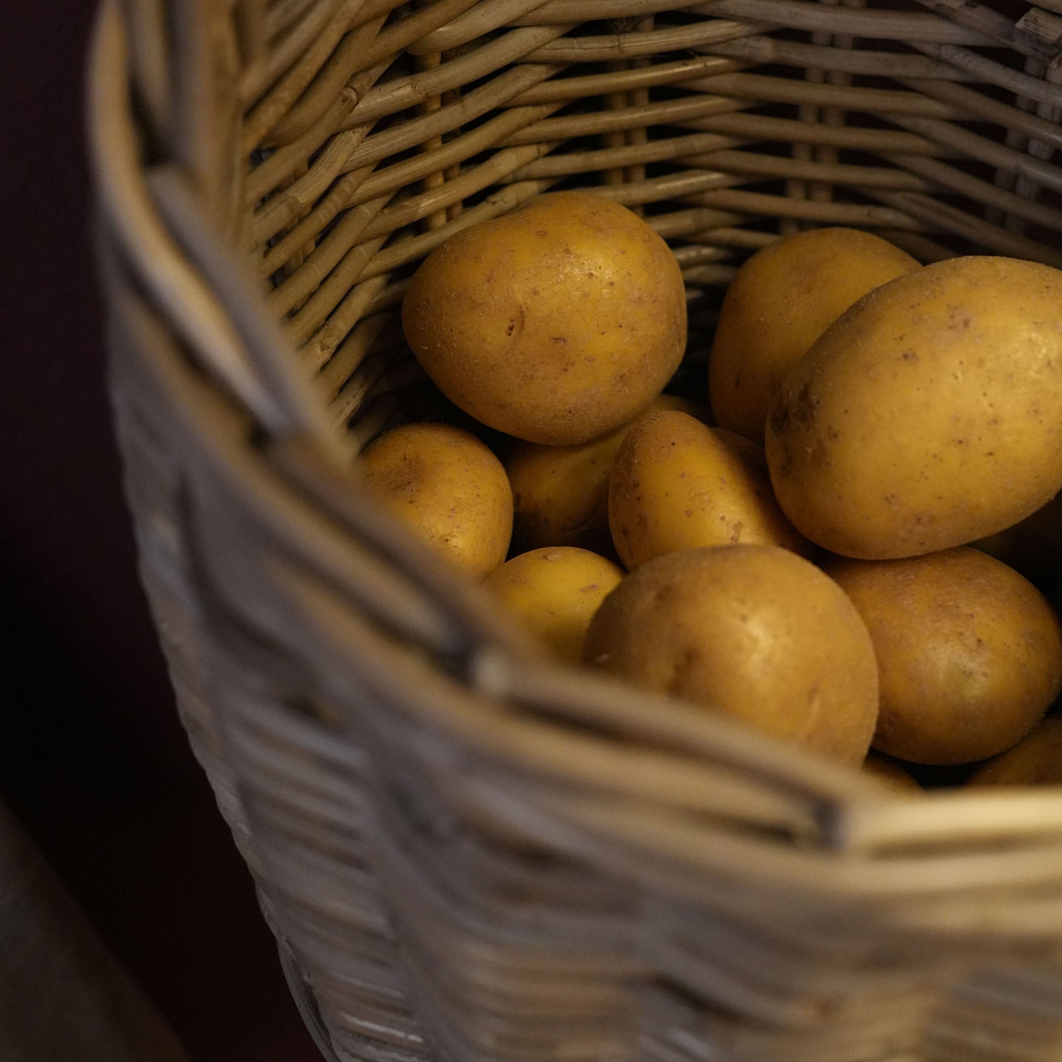 Frische Kartoffeln in einem naturfarbenen Weidenkorb, Gemüse für die Küche