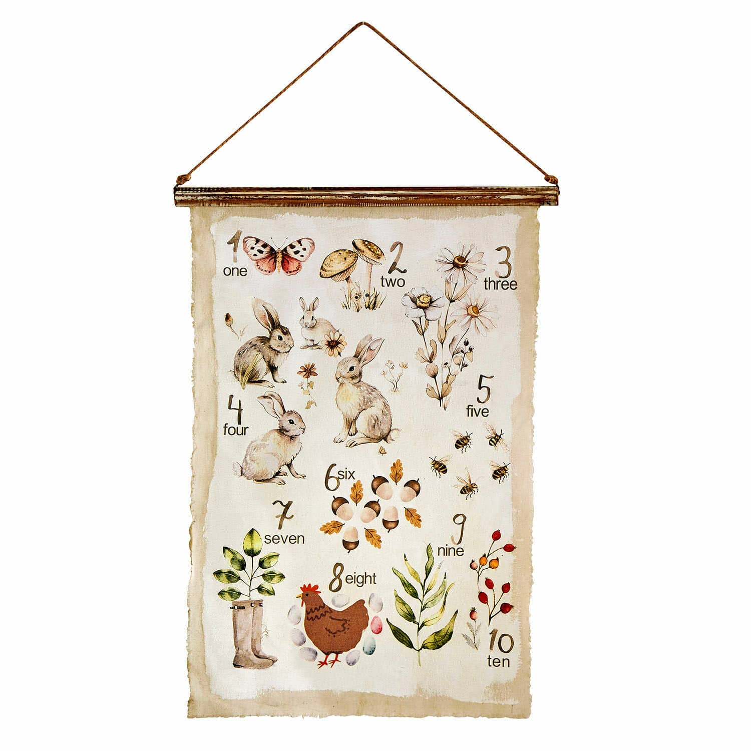 Wandbild Kalhira Dekorativer Wandbehang mit Zahlen und Illustrationen von Kaninchen, Blumen und Tieren auf beigem Hintergrund