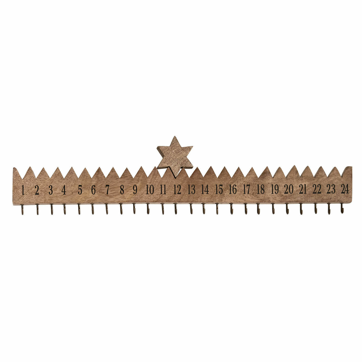 Adventskalender aus Holz mit 24 Haken und Stern, naturfarbig, weihnachtliche Dekoration