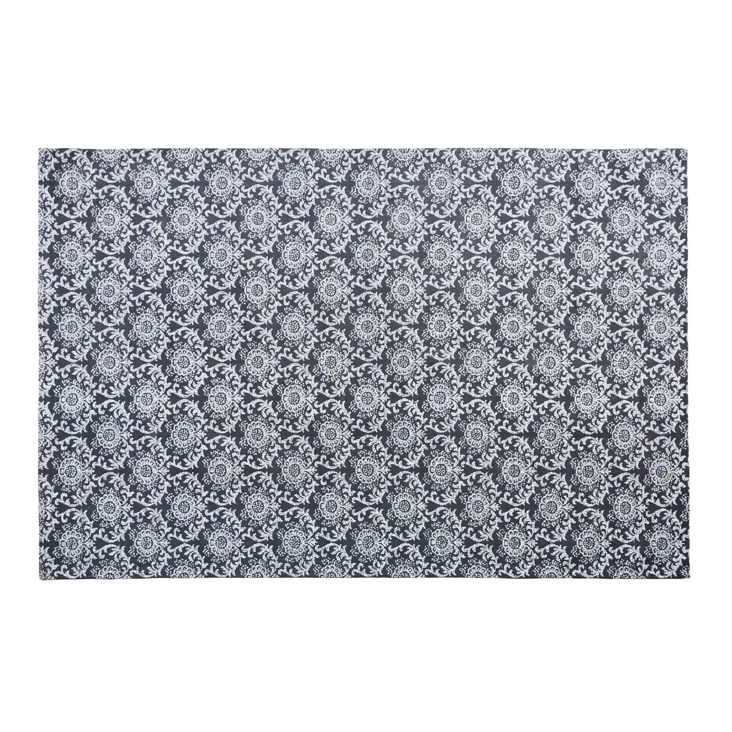 Teppich mit weißem Blumenmuster auf schwarzem Grund, Wohntextilien, Dekoration