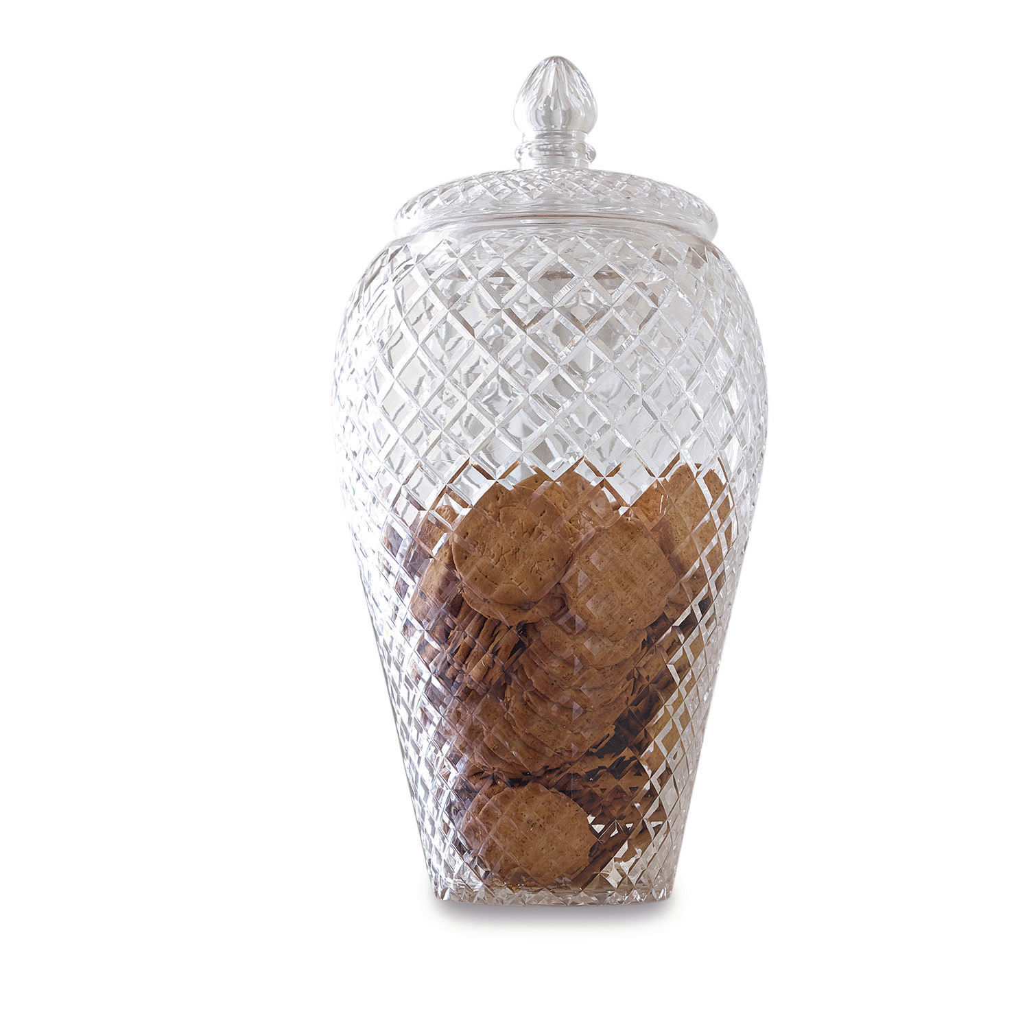 Transparenter Glasbehälter mit Deckel und Rautenmuster, gefüllt mit Korken, Wohnaccessoire